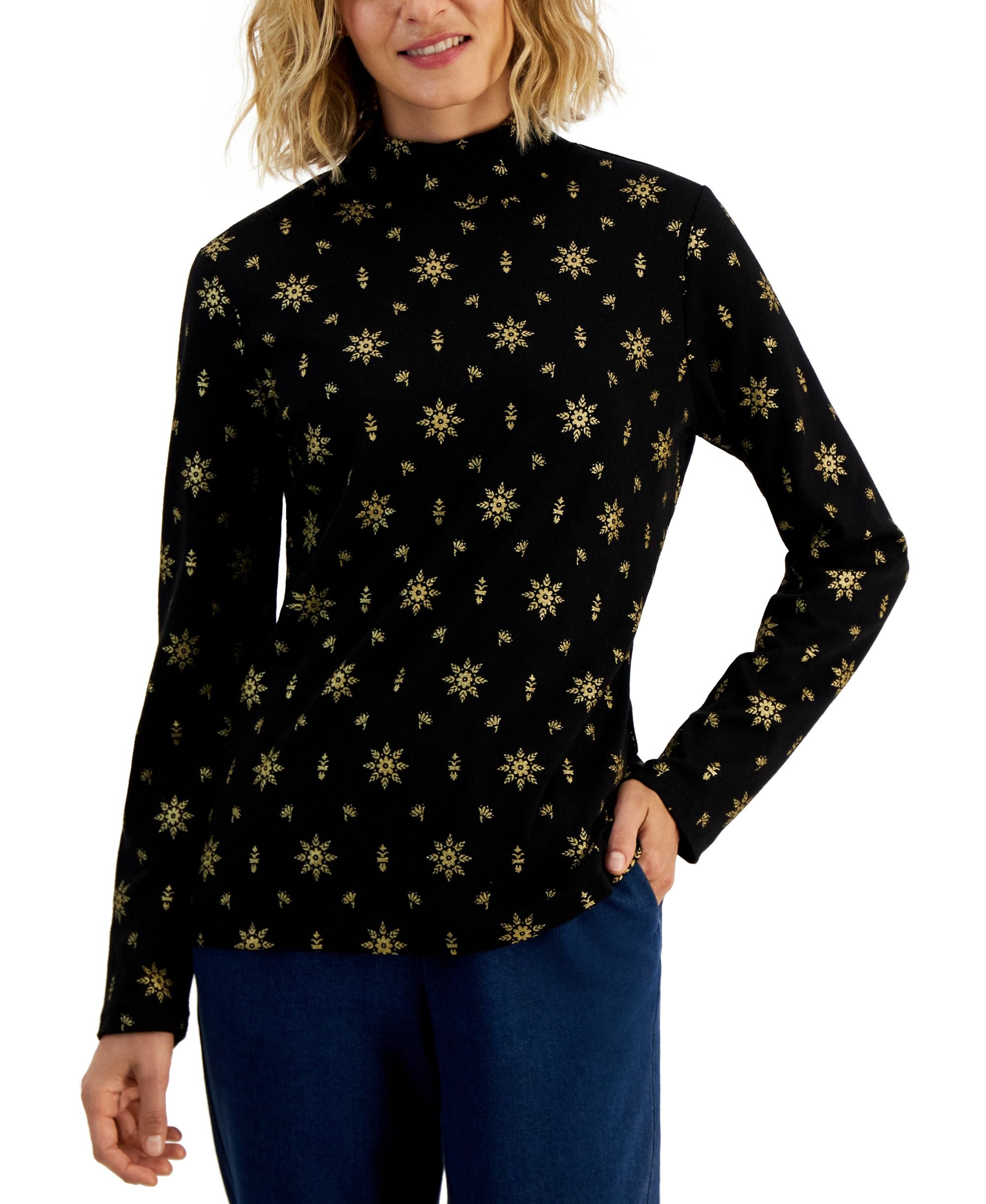 Karen Scott Womens Printed Mock Neck Premium Top