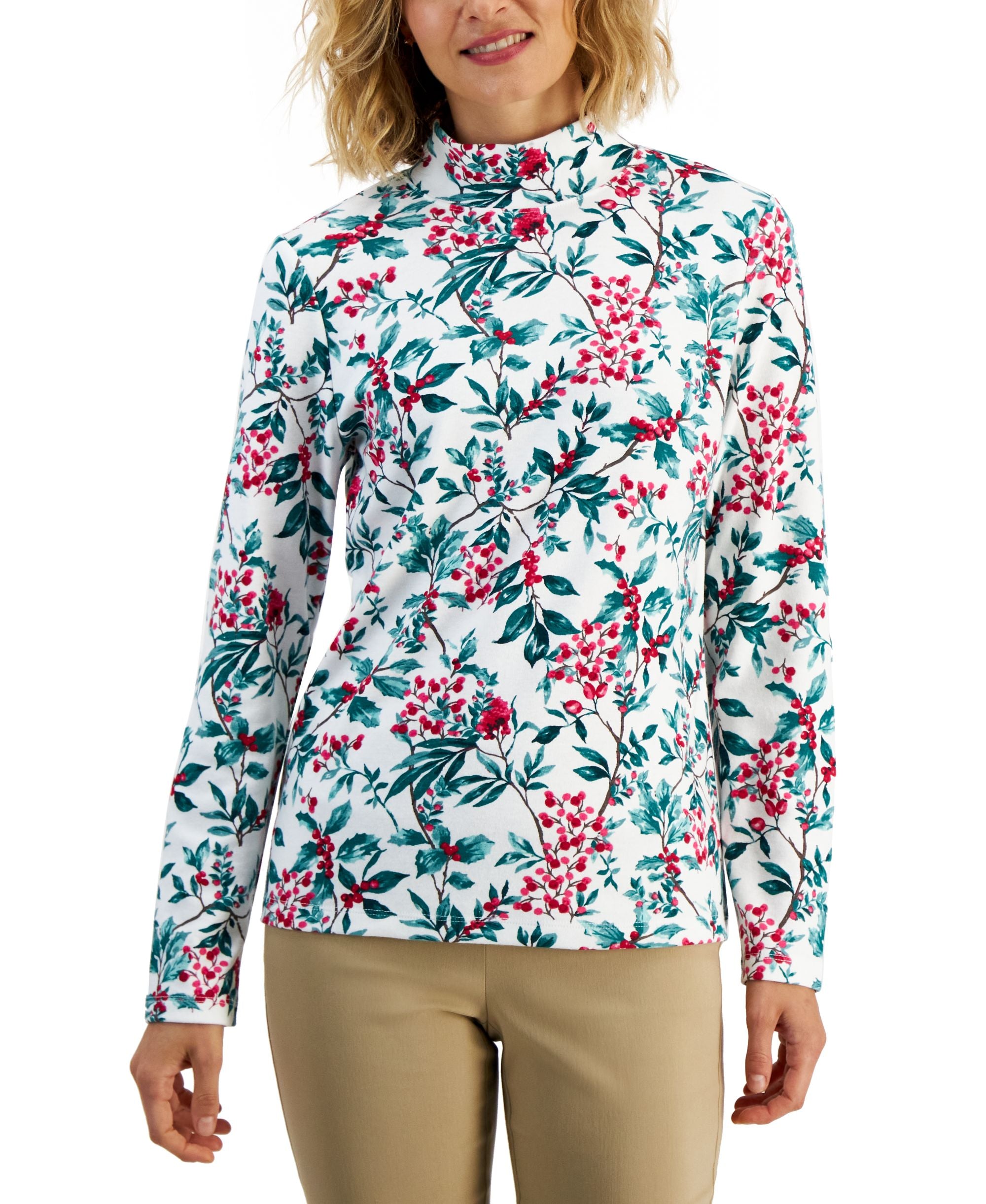 Karen Scott Womens Printed Mock Neck Premium Top