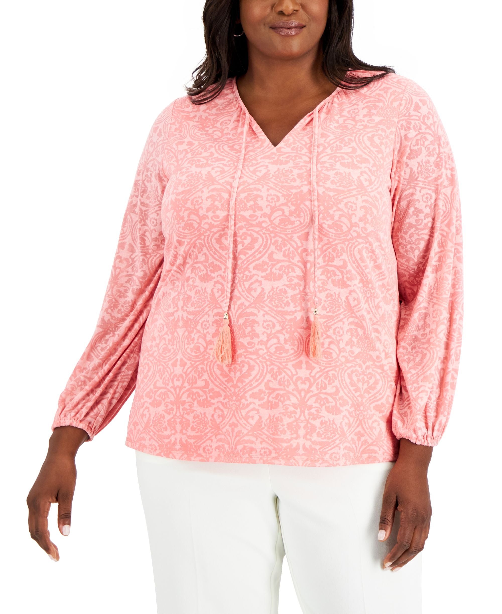 JM Collection Plus Size Printed V Neck Premium Top