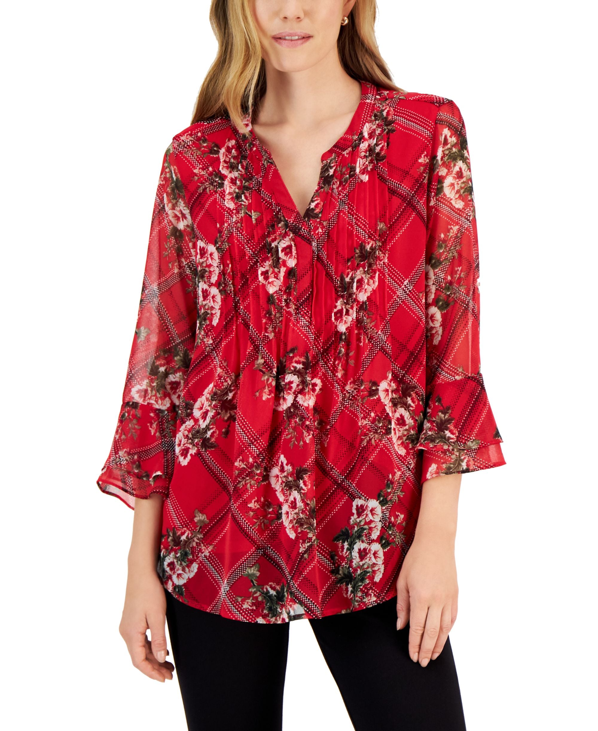 Charter Club Petite Ruffle-Sleeve Etching Garden Pintuck Premium Top