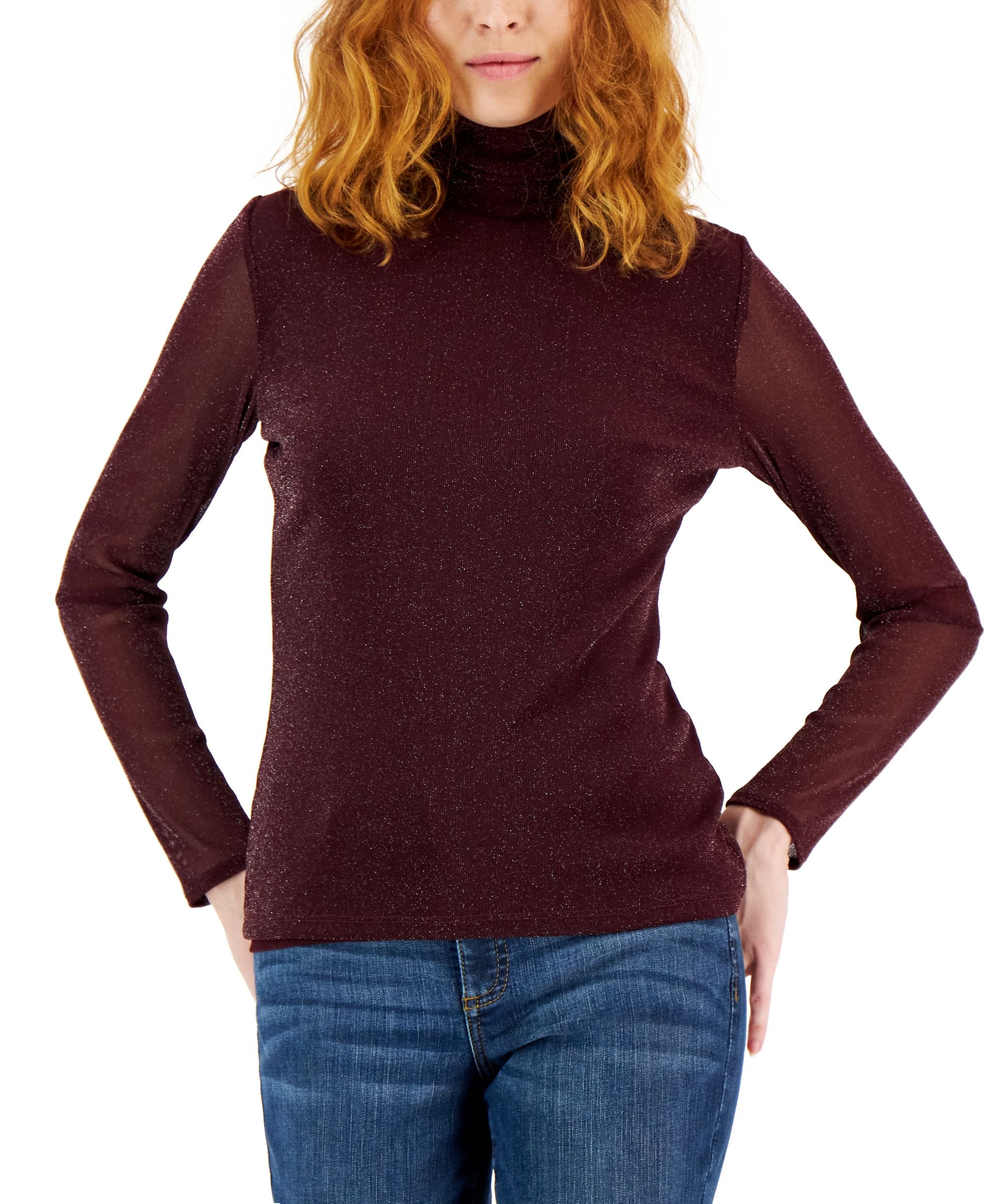 International Concepts Womens Metallic Mesh Turtleneck Premium Top