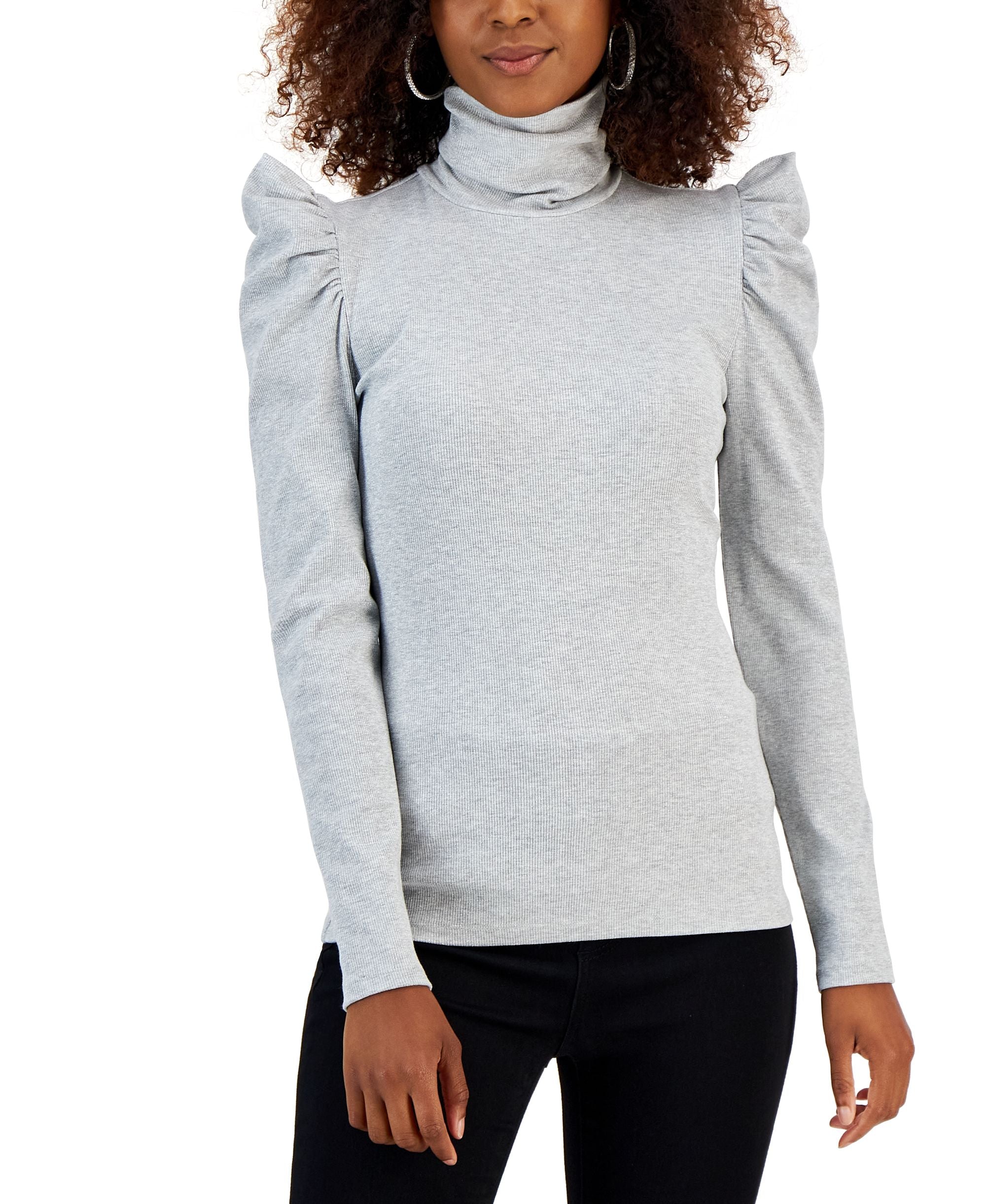 Women's Metallic Ribbed Puff-Sleeve Turtleneck Premium Top