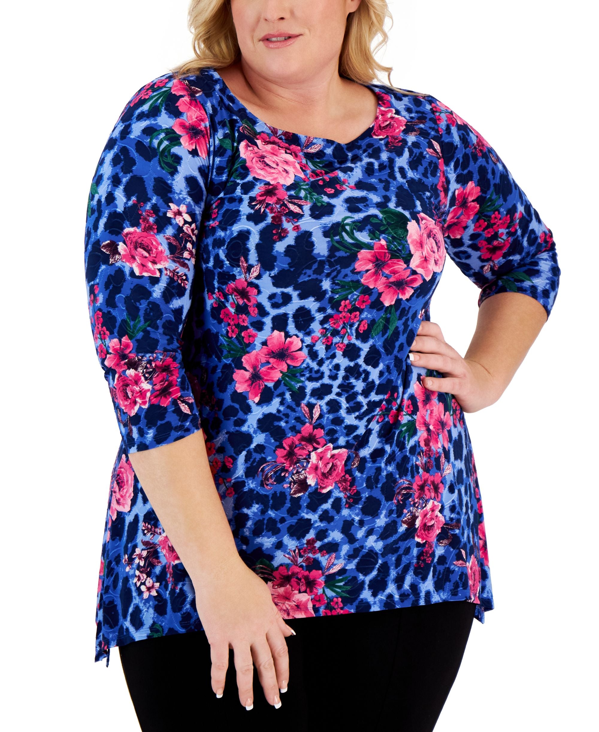 JM Collection Plus Size Printed Handkerchief-Hem Premium Top