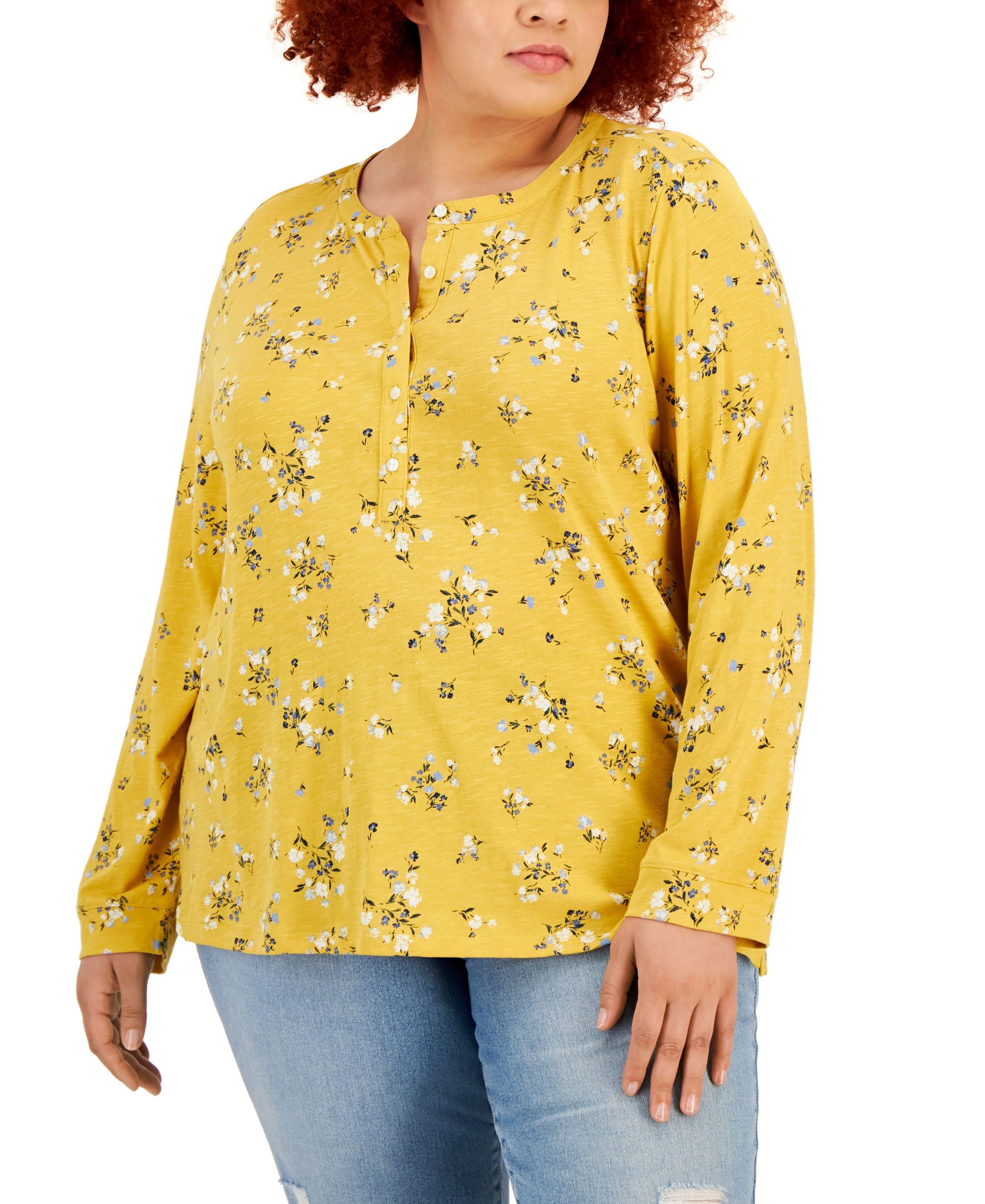 Style & Co Plus Size Printed Henley Premium Top