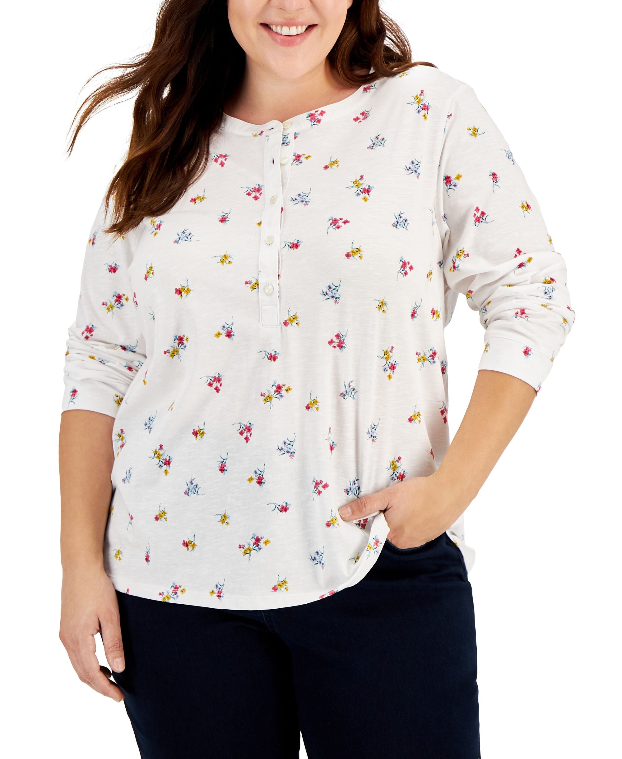 Style & Co Plus Size Floral Print Henley Premium Top
