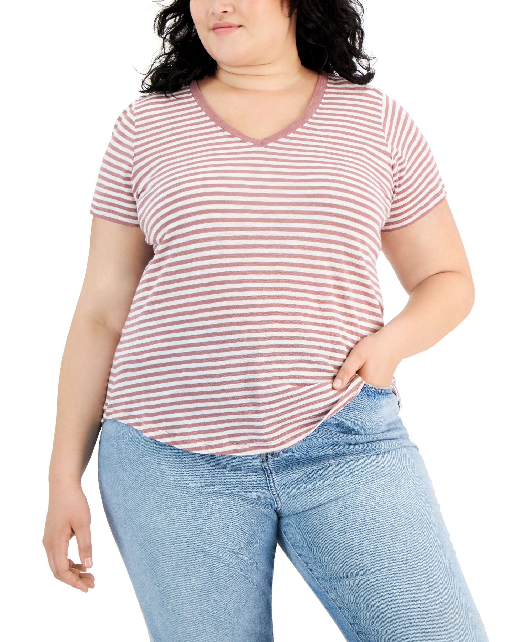 Style & Co Plus Size Timeless Striped V Neck T-Modern Shirt