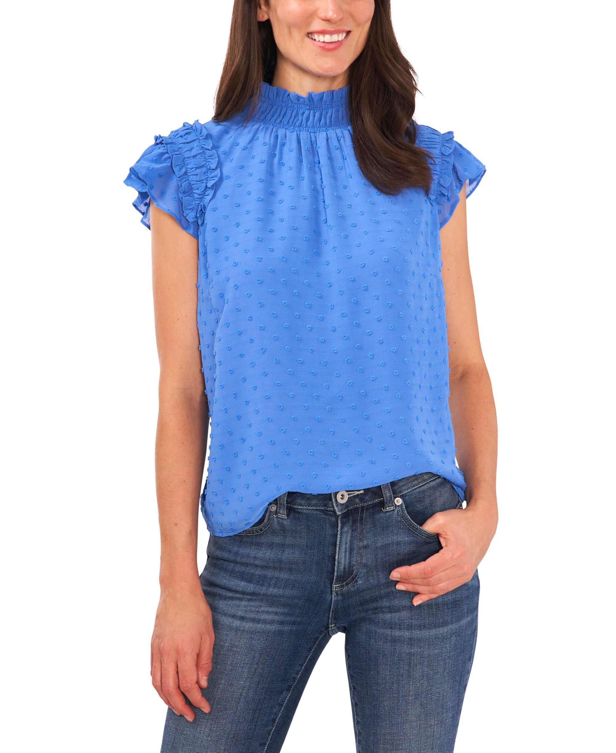 Women's Ruffled Flutter-Sleeve Mock Neck Signature Blouse