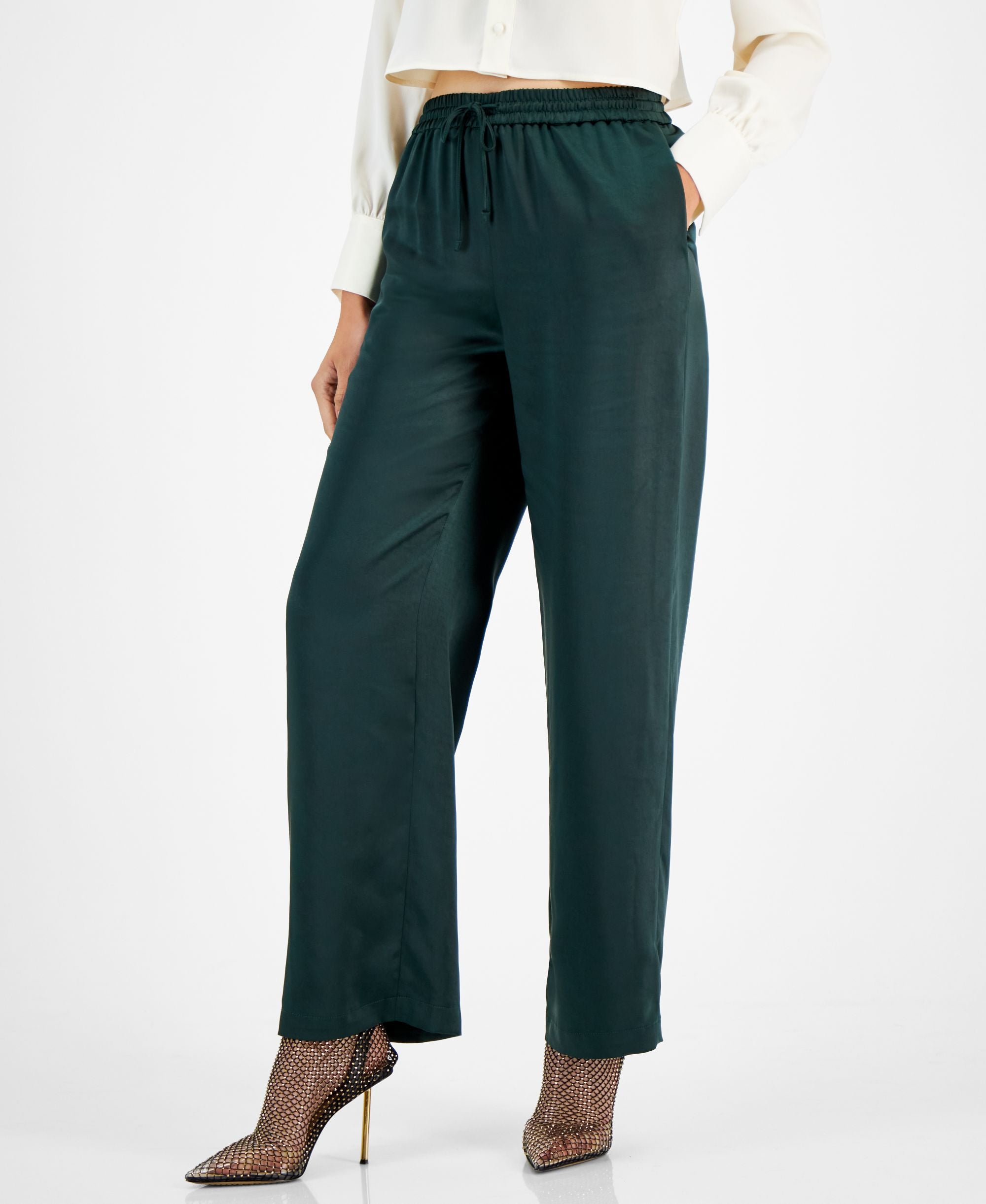 Bar III Womens Washed Satin Comfort-Waist Wide-Leg Signature Pants