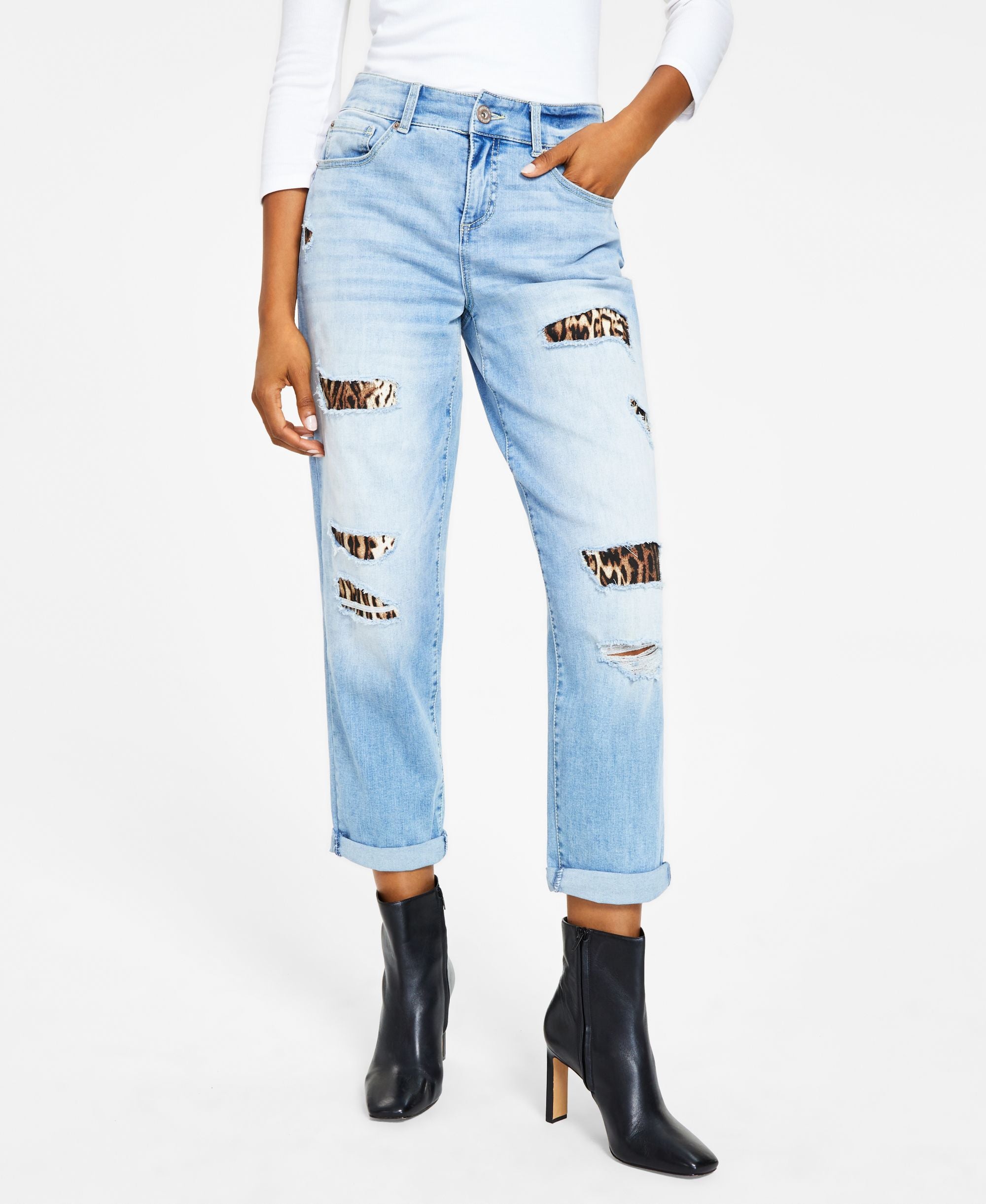 Women's High Rise Ripped Leopard Boyfriend Premium Jeans