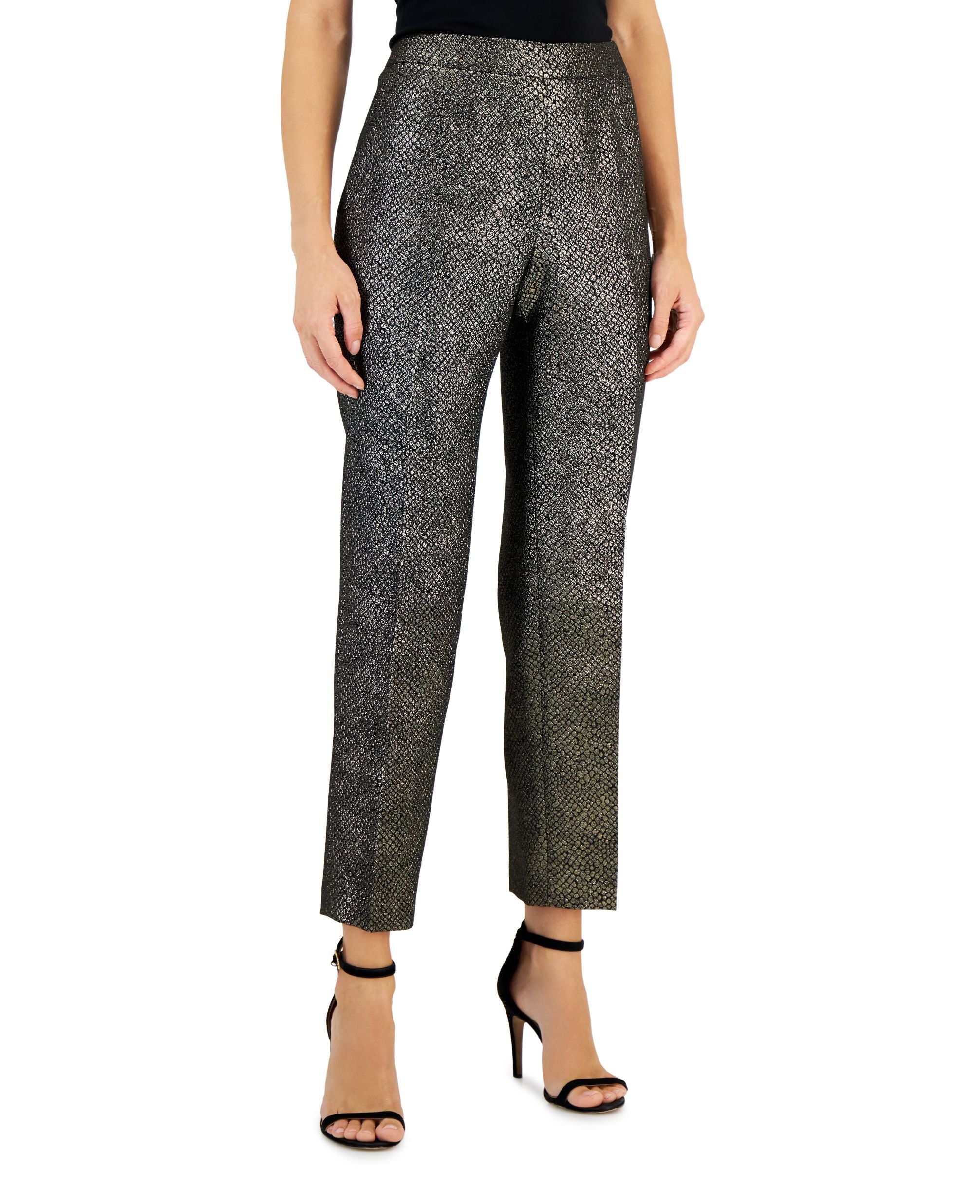 Kasper Womens Metallic Shimmer Jacquard Slim-Cut Ankle Signature Pants