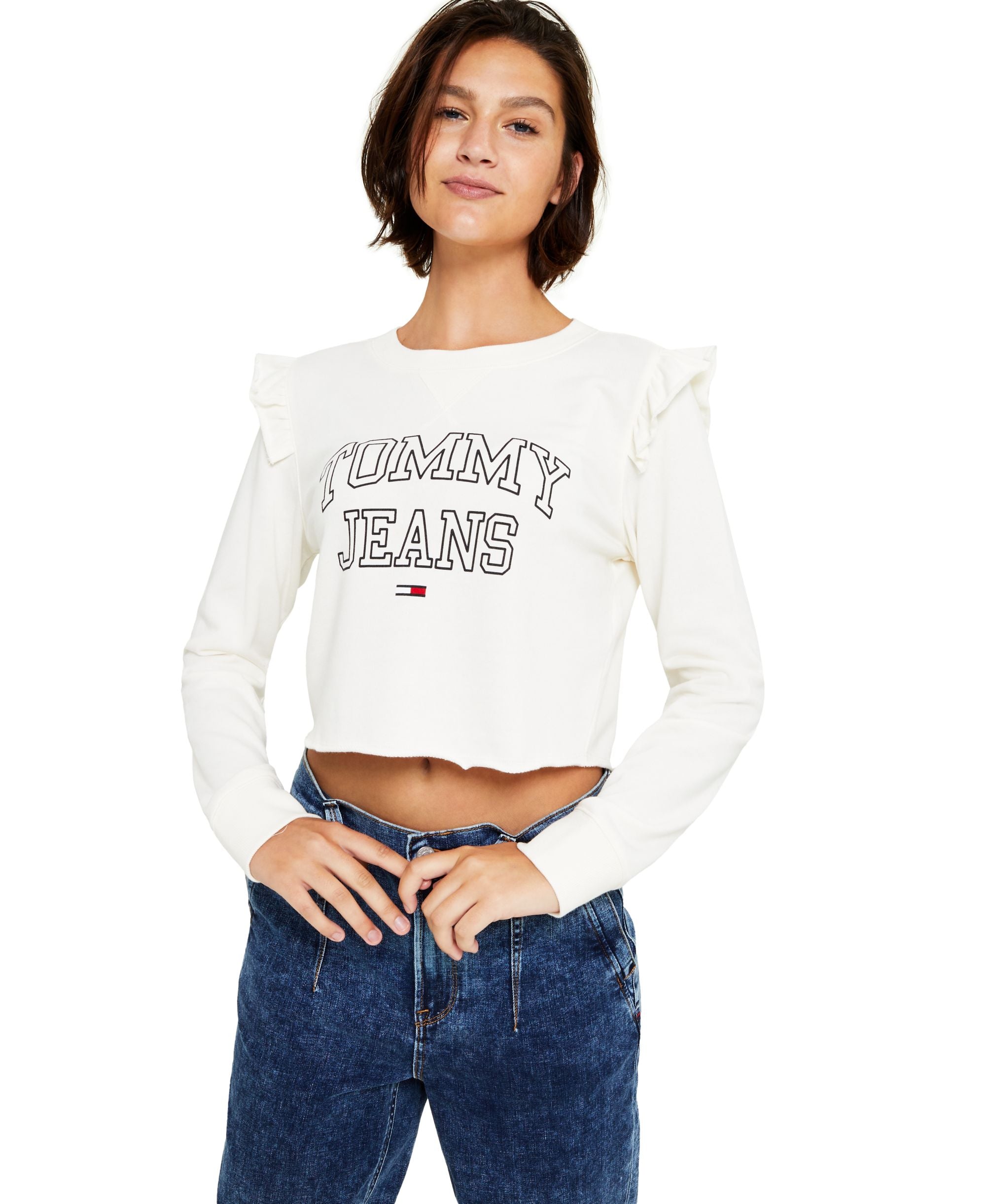 Tommy Premium Jeans Womens Cropped Ruffle Trim Sweatshirt