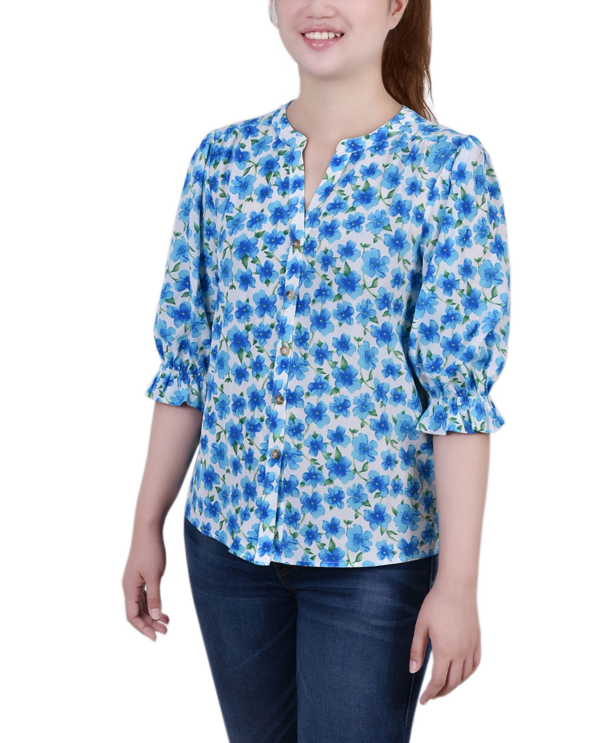 Petite Elbow Sleeve Y-Neck Signature Blouse