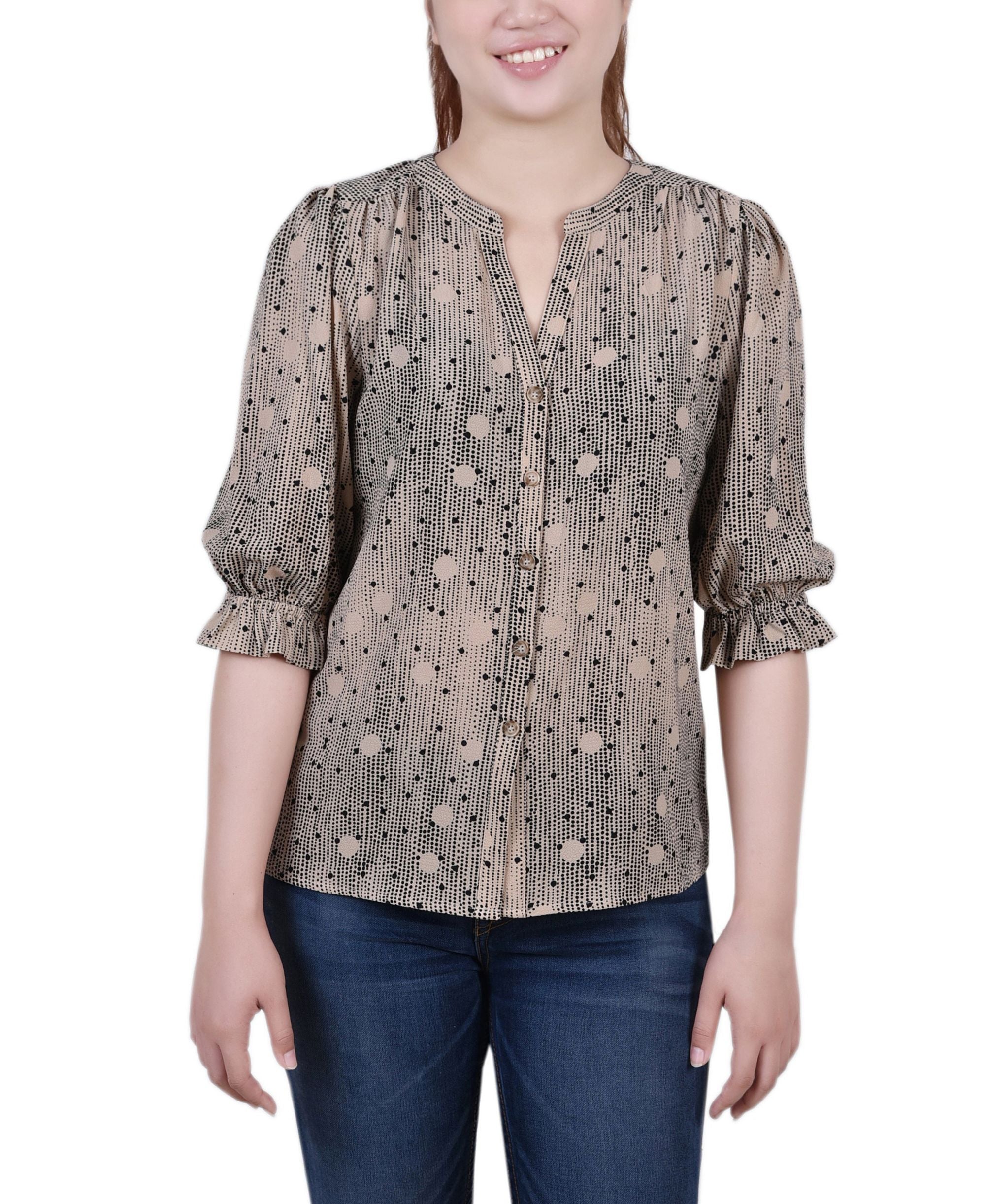 Petite Elbow Sleeve Y-Neck Signature Blouse