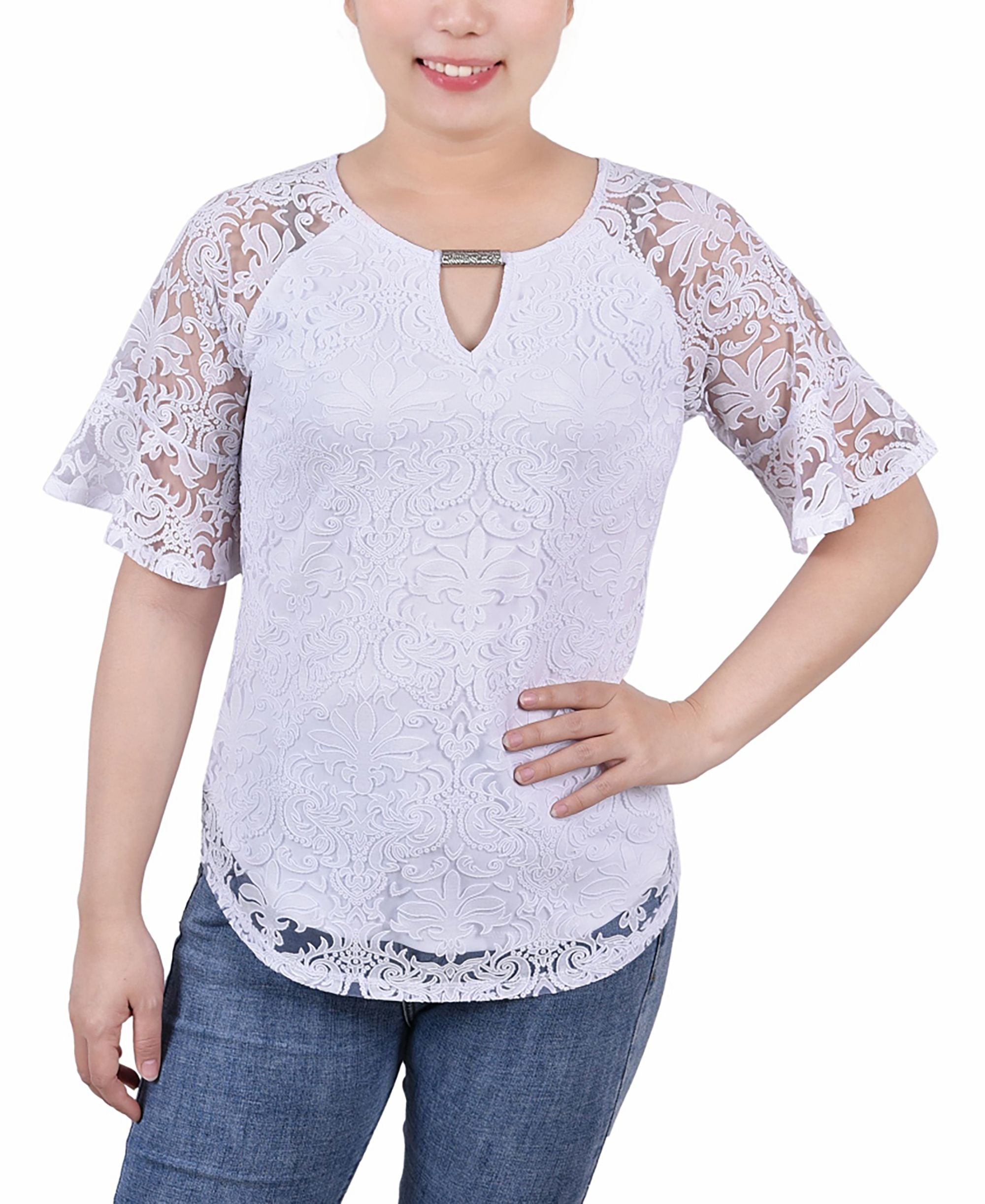 Petite Short Bell Sleeve Lace Signature Blouse
