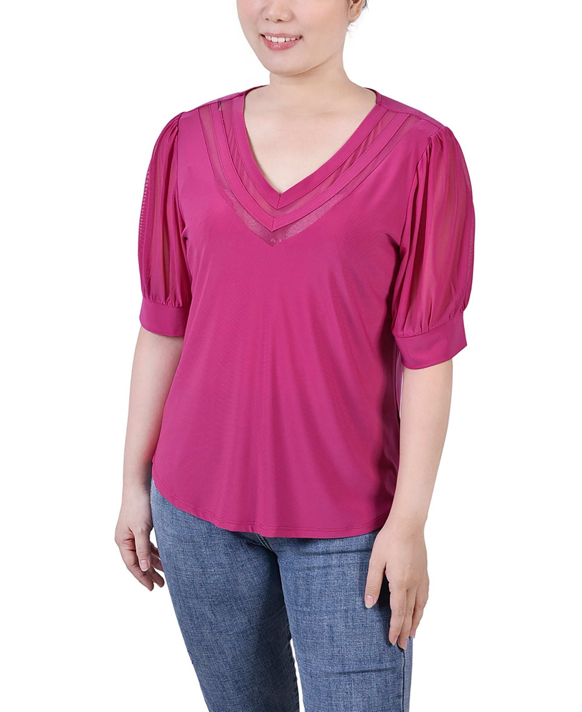 Petite Size Short Puff-Sleeve V Neck Premium Top