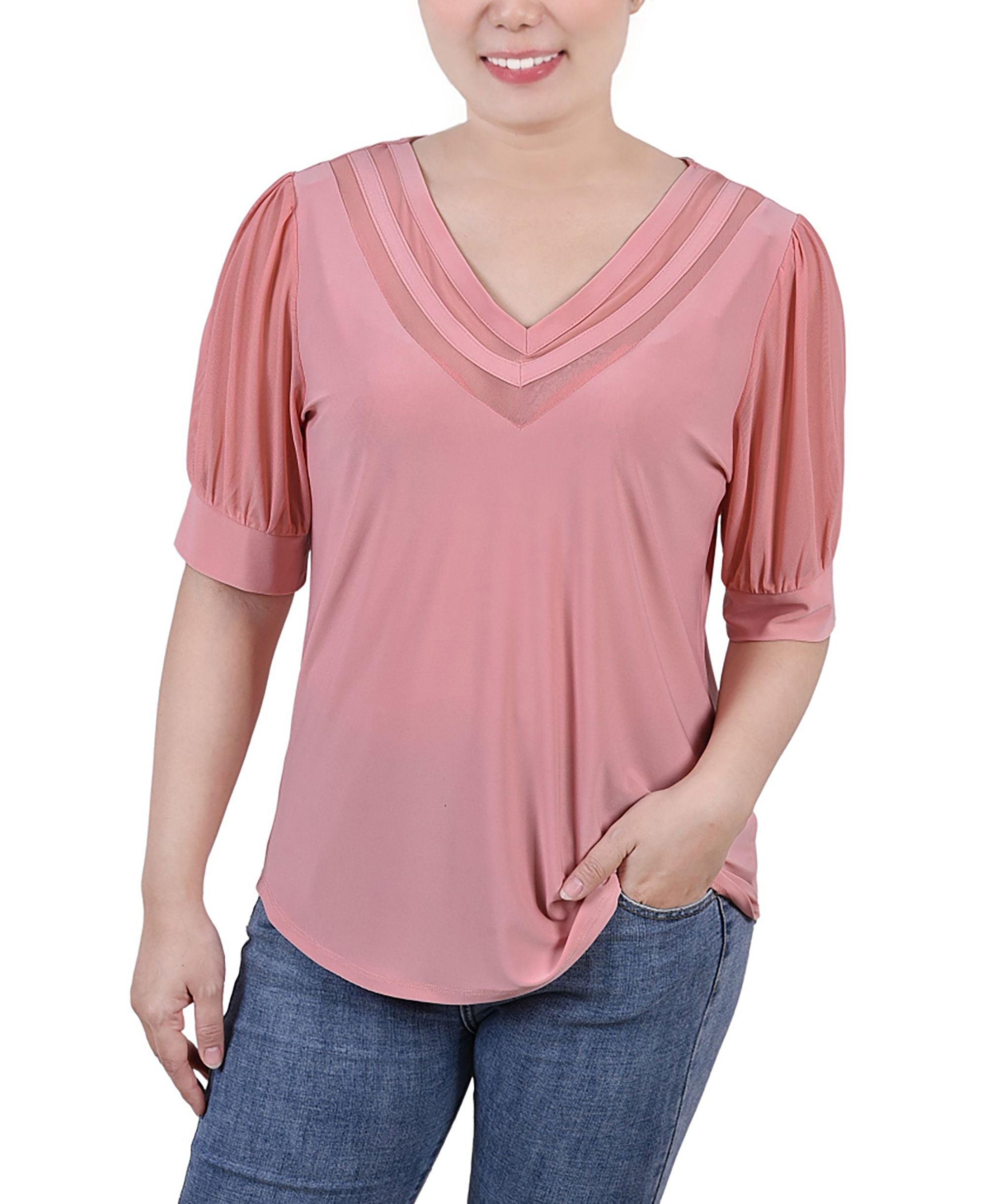 Petite Size Short Puff-Sleeve V Neck Premium Top