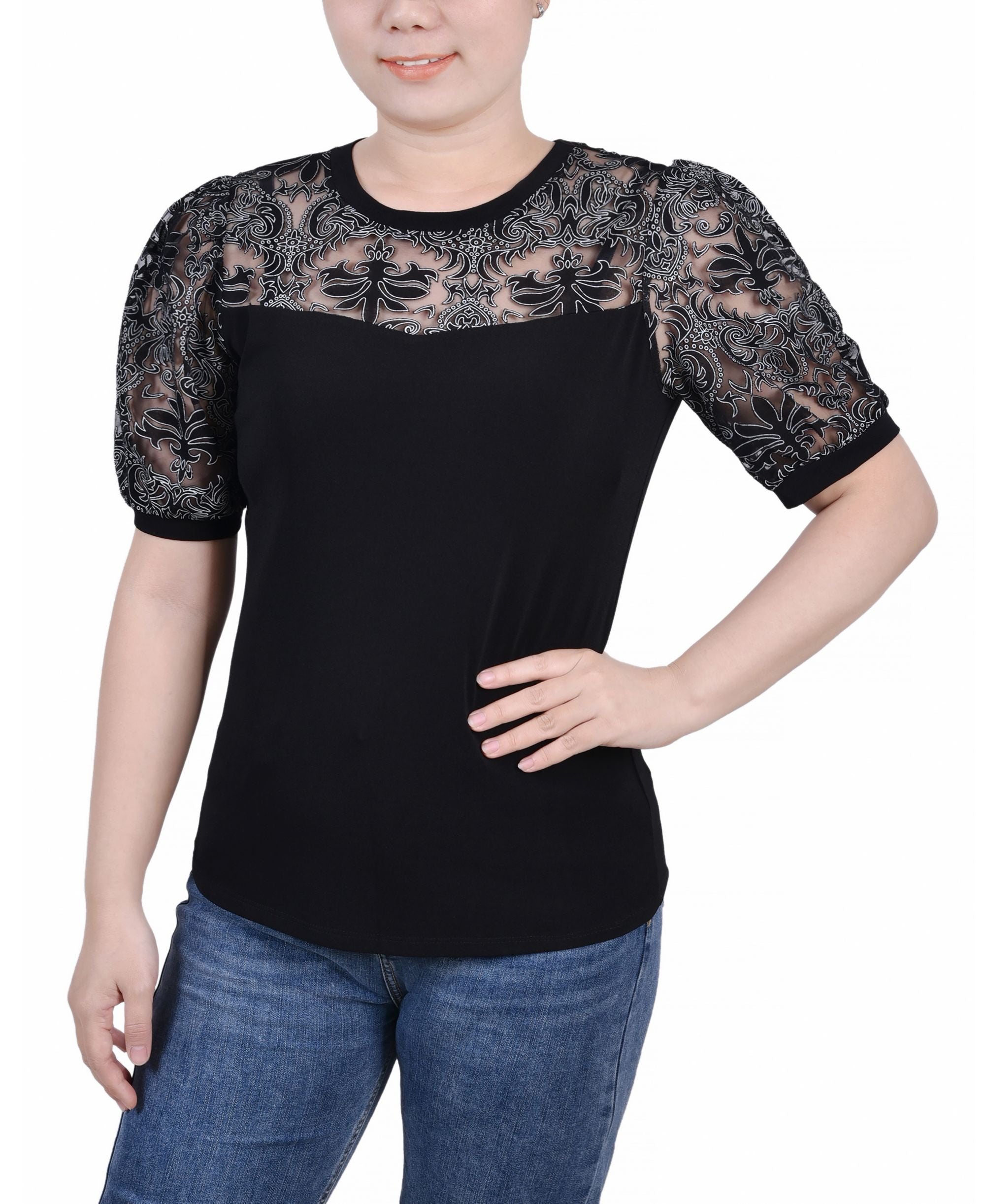 Petite Size Puff Lace-Sleeve Premium Top
