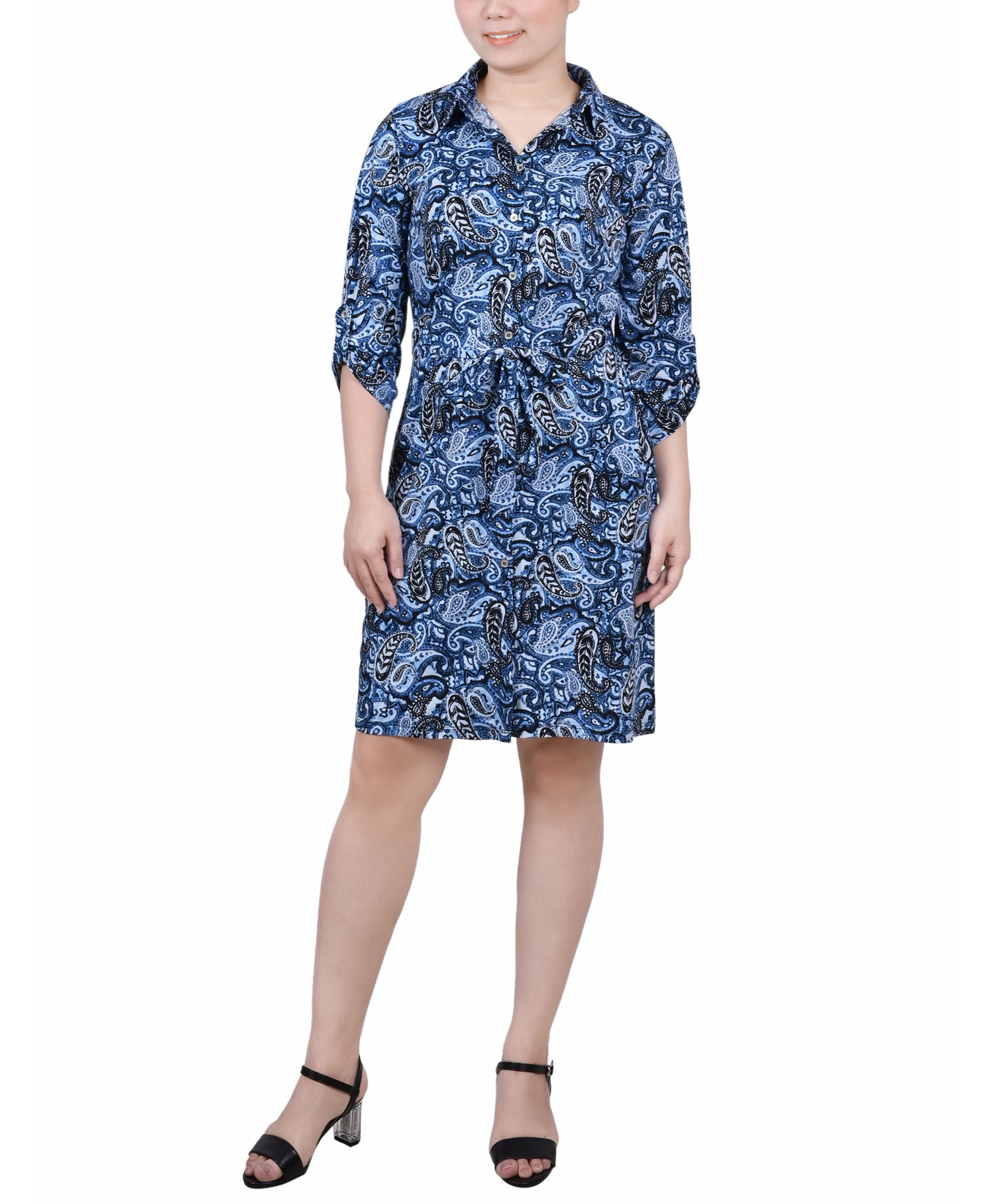 Petite 3/4-Sleeve Printed Modern Shirt Dress