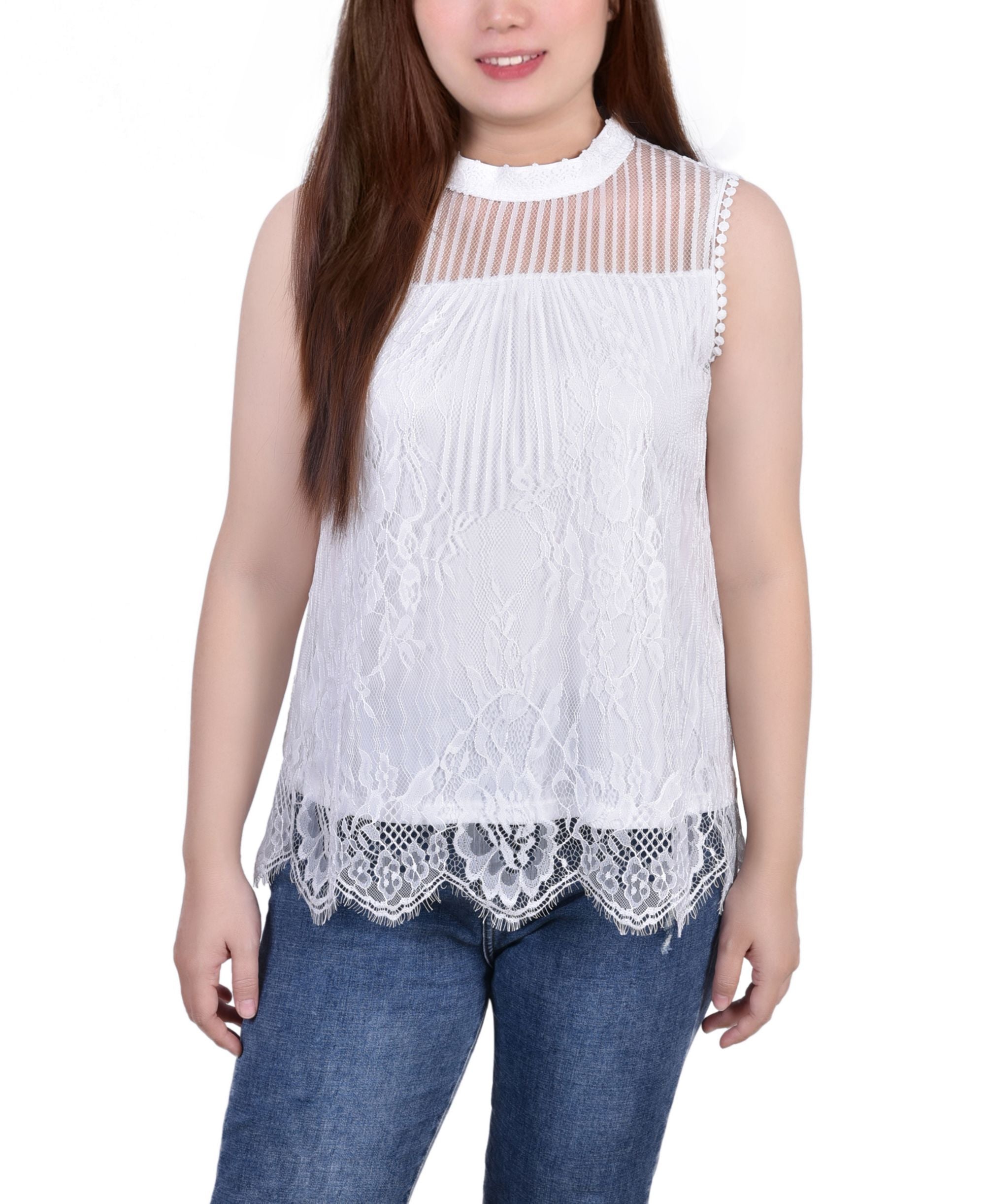 Petite Size Sleeveless Mock Neck Lace Premium Top
