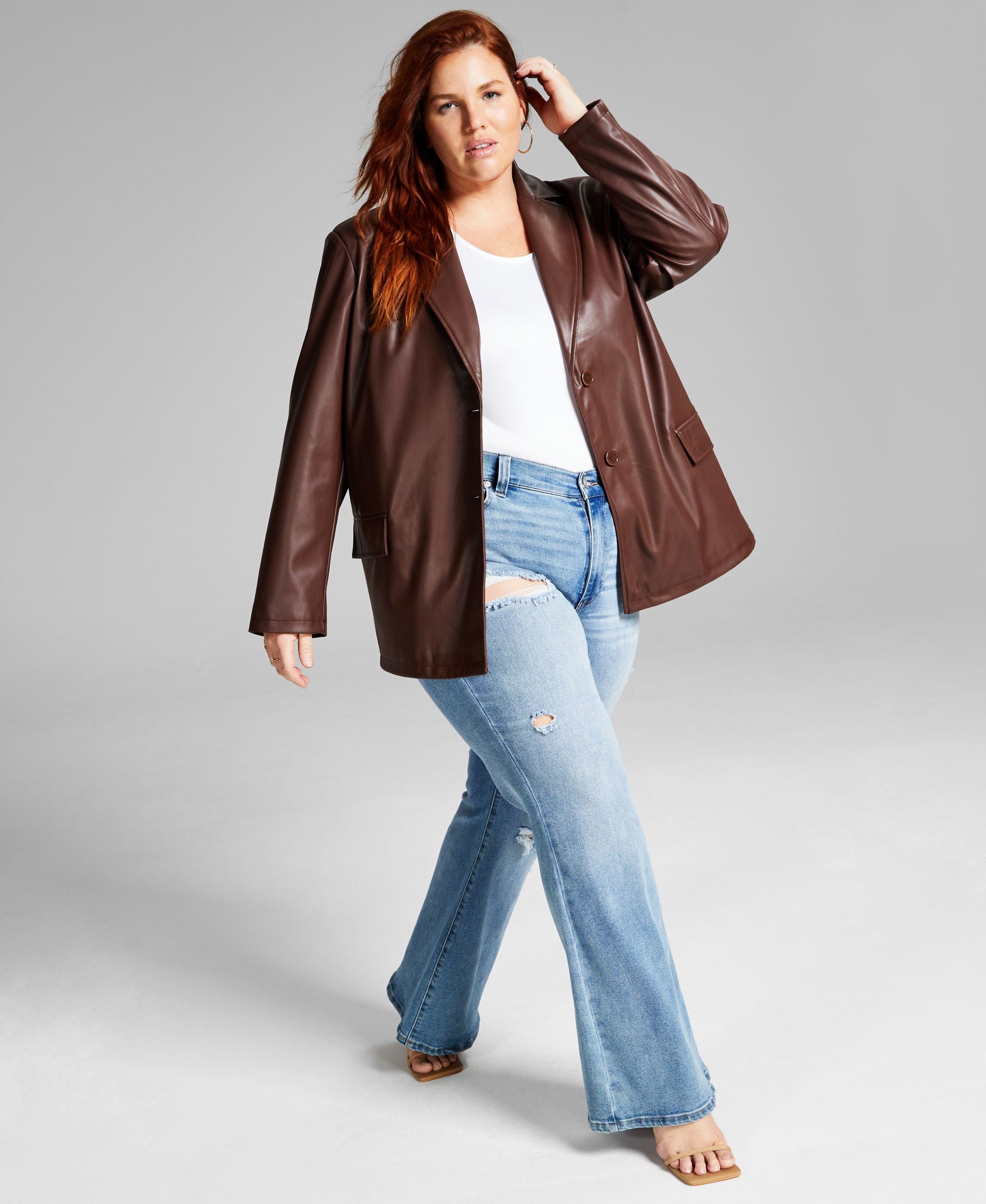 Modern Plus Size Long Faux-Leather Blazer