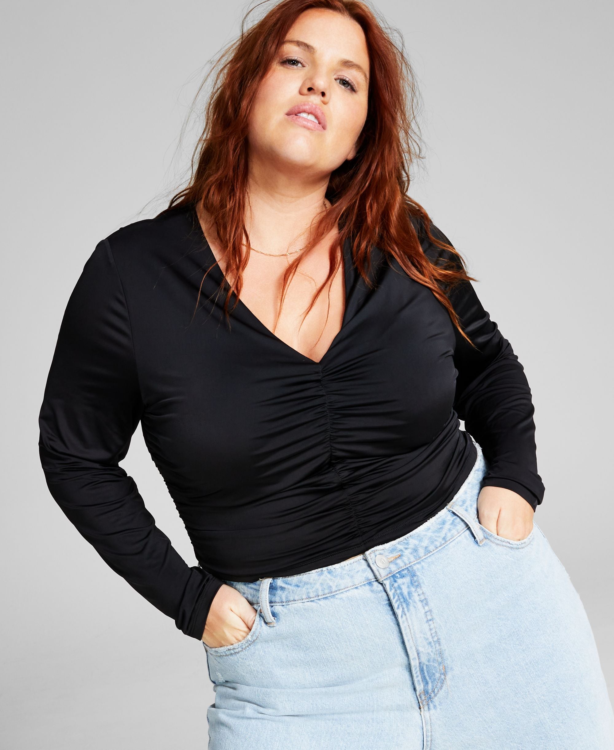 Now This Plus Size Ruched V Neck Premium Top