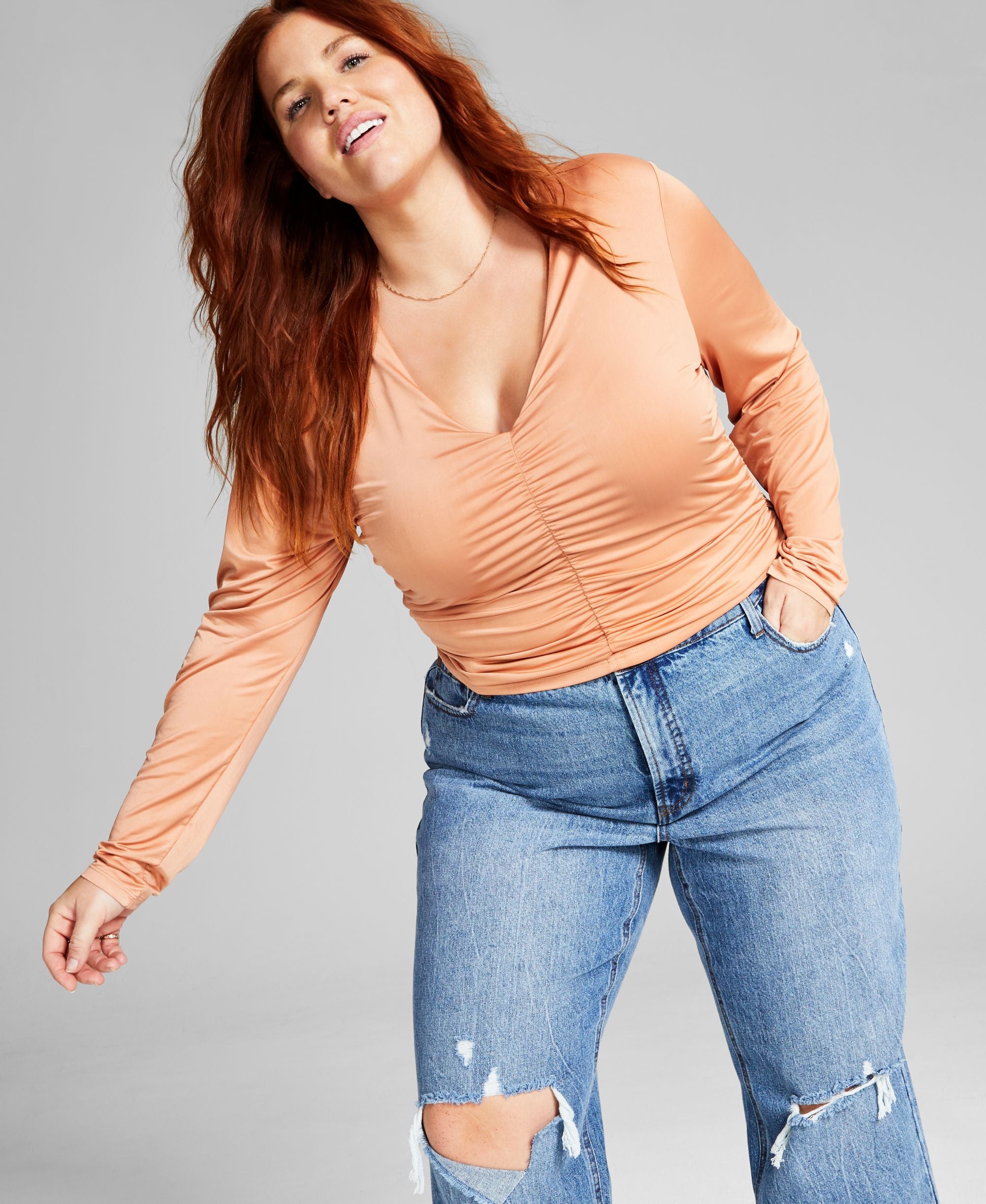 Now This Plus Size Ruched V Neck Premium Top