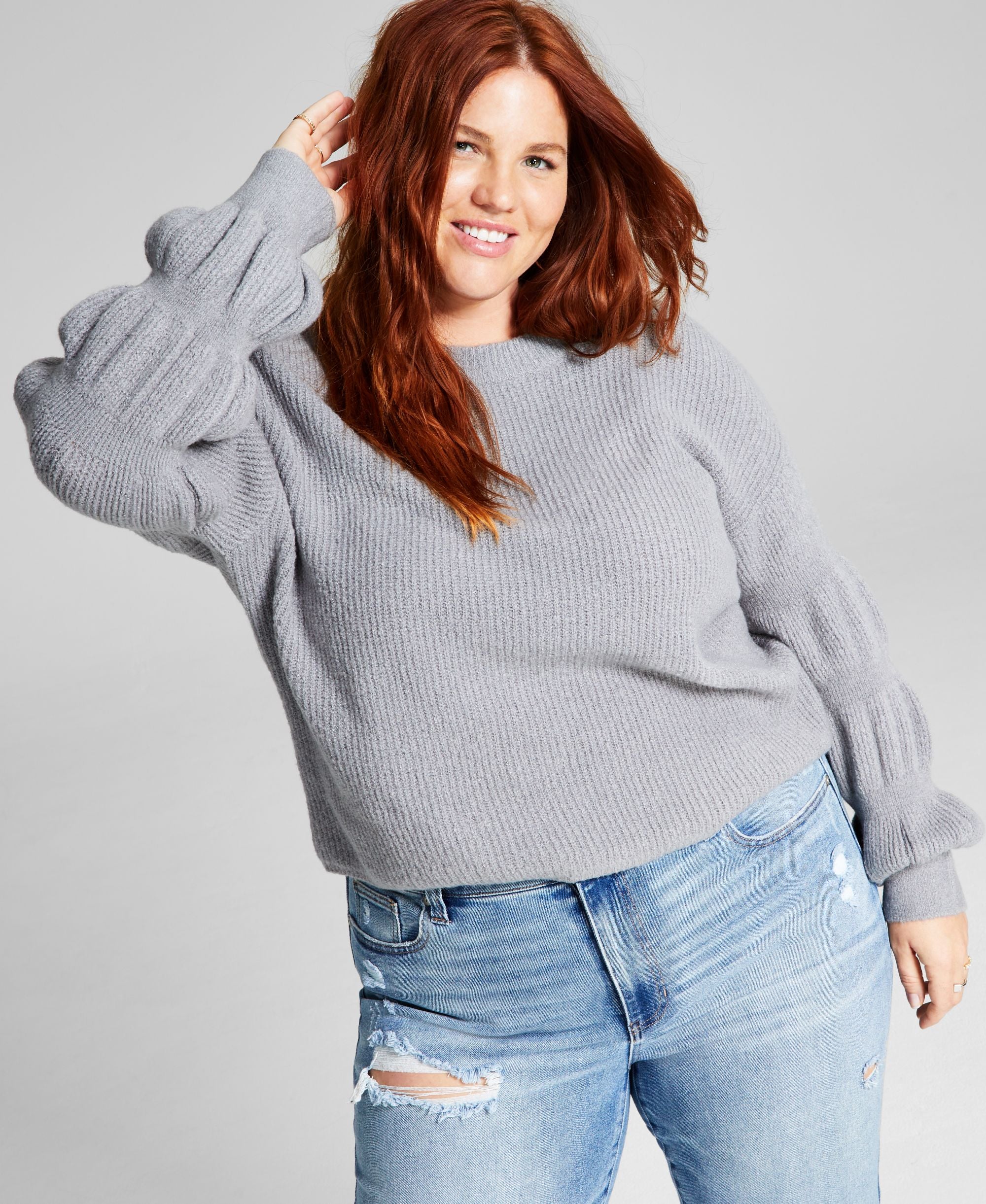 Modern Plus Size Puff-Sleeve-Detail Sweater