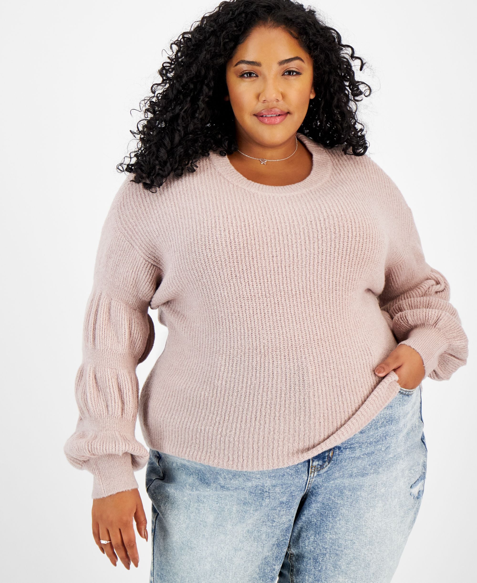 Modern Plus Size Puff-Sleeve-Detail Sweater