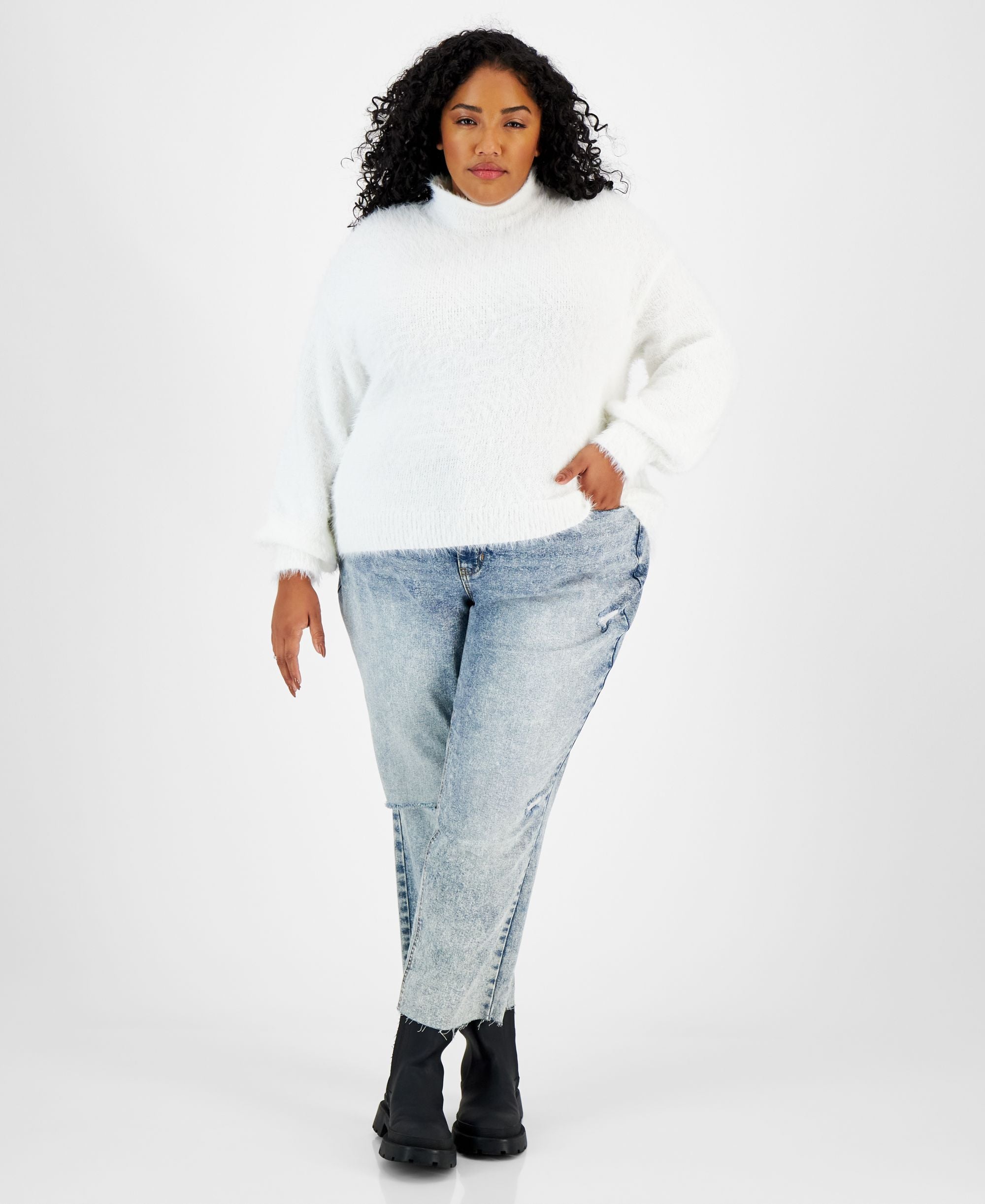 Modern Plus Size Funnel-Neck Eyelash Sweater