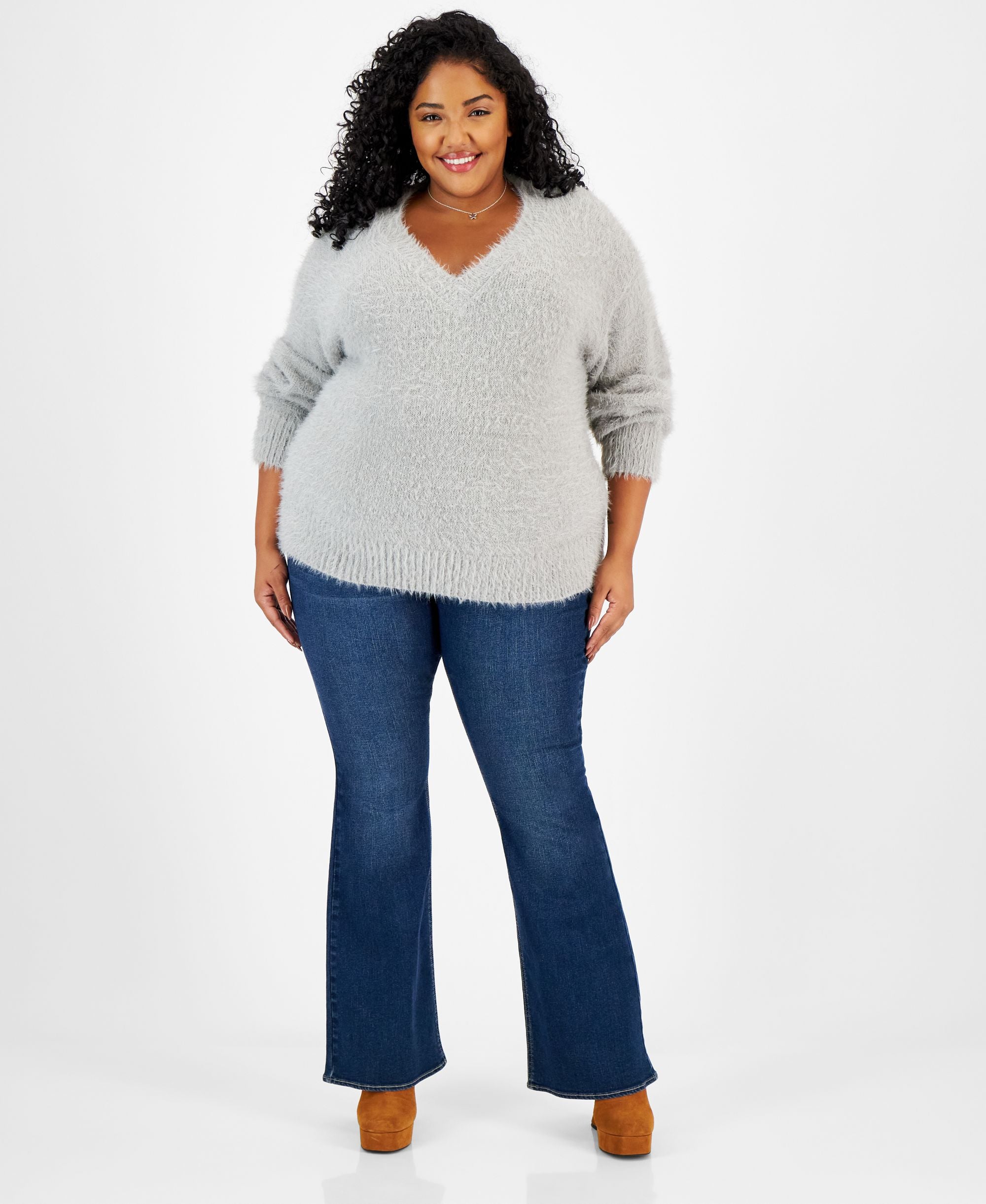 Modern Plus Size V-Neck Eyelash Sweater