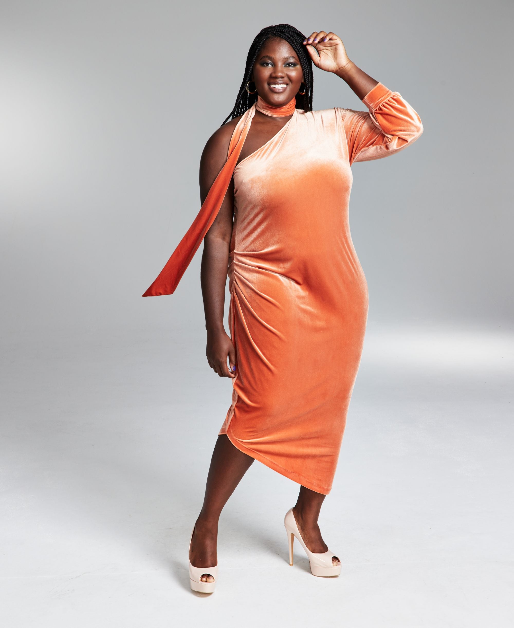 Googoo Atkins Modern Plus Size Scarf Neck One Sleeve Draped Maxi Dress