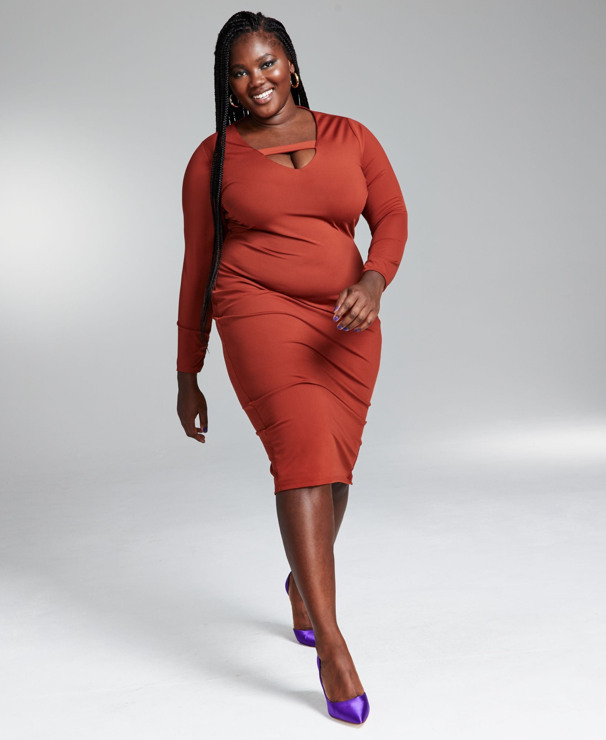 Googoo Atkins Modern Plus Size Bodycon Long-Sleeve Peekaboo Midi Dress