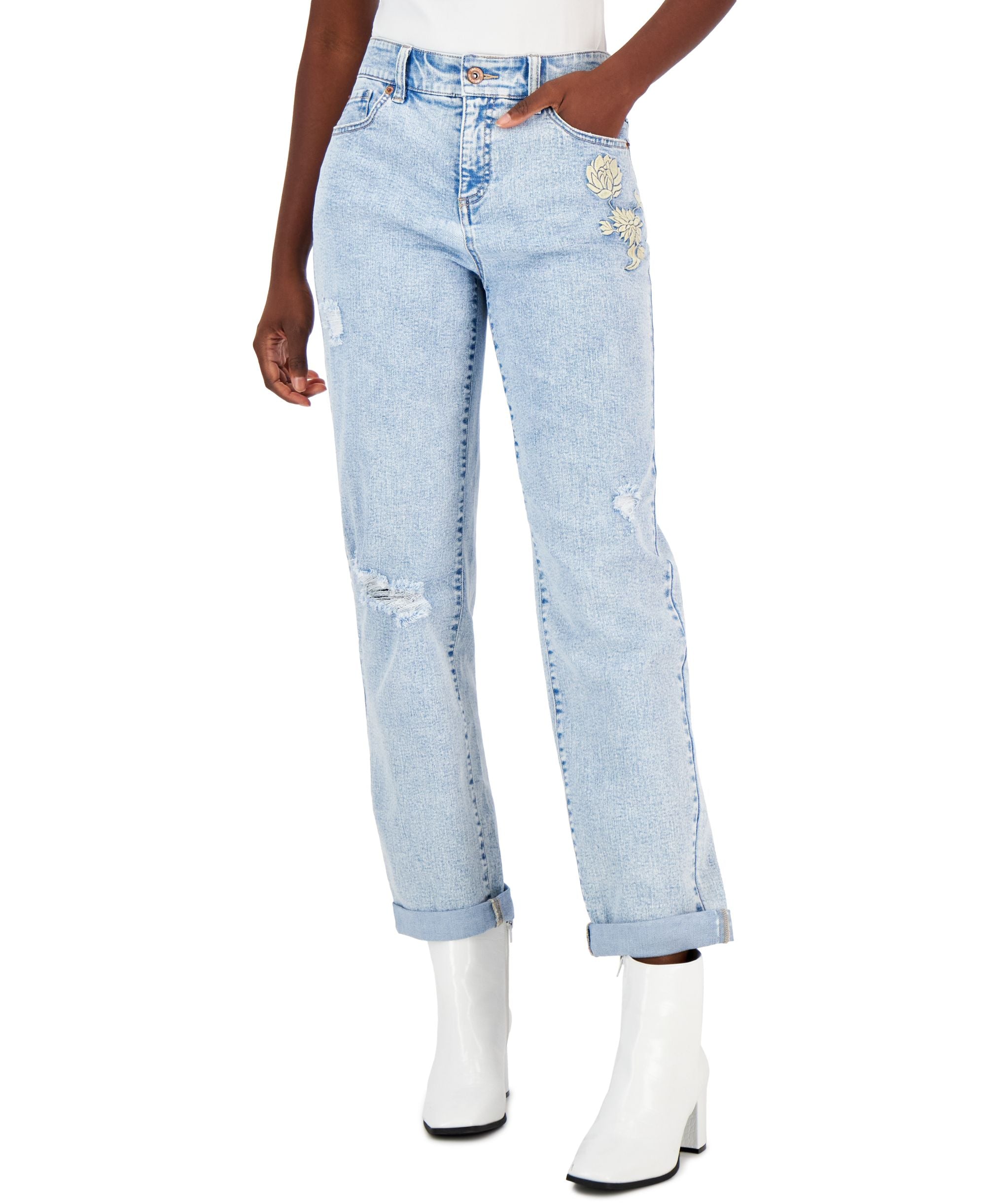 INC International Concepts Womens Mid Rise Embroidered Boyfriend Premium Jeans