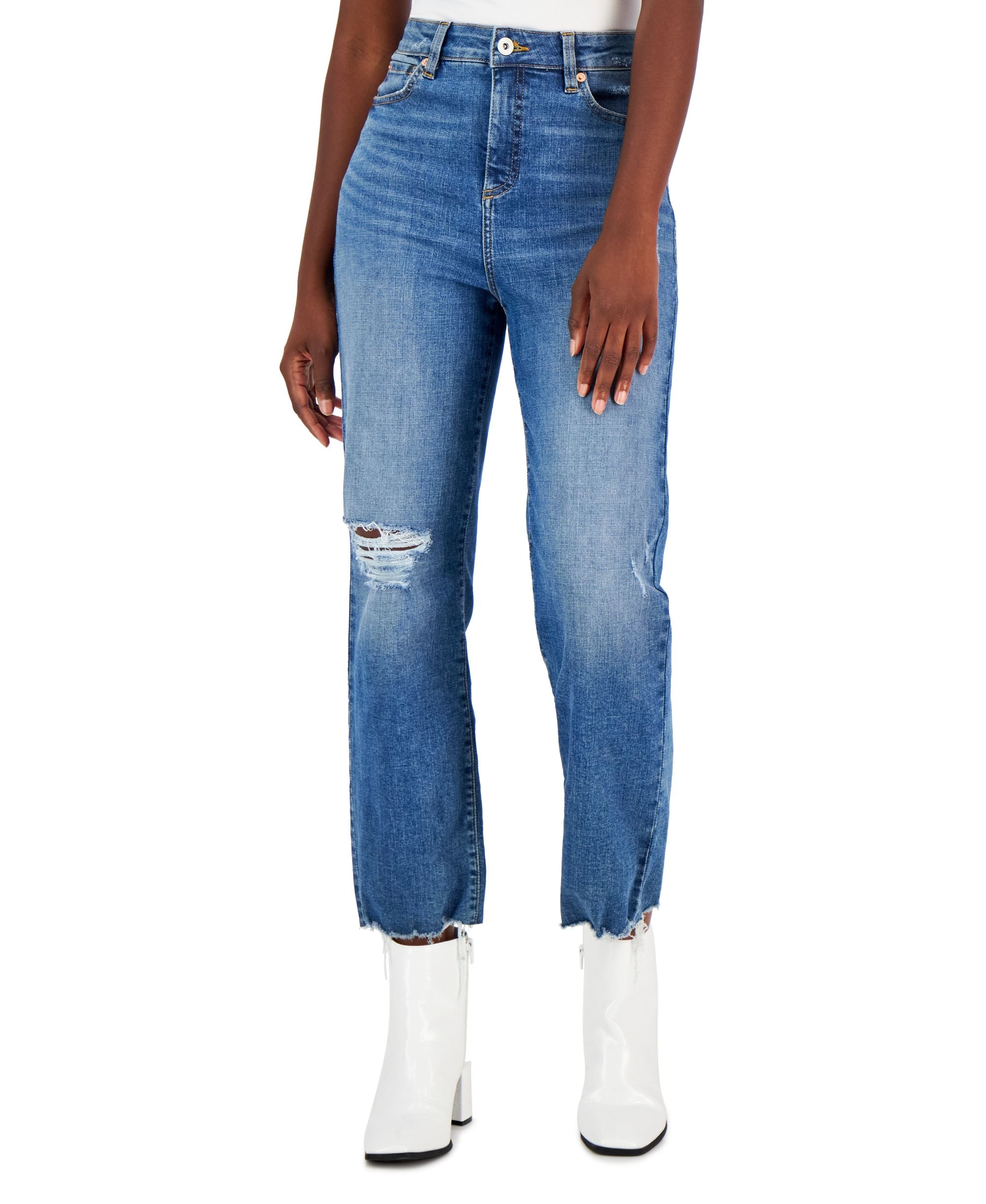 INC International Concepts Womens High Rise Distressed Straight-Cut Premium Jeans