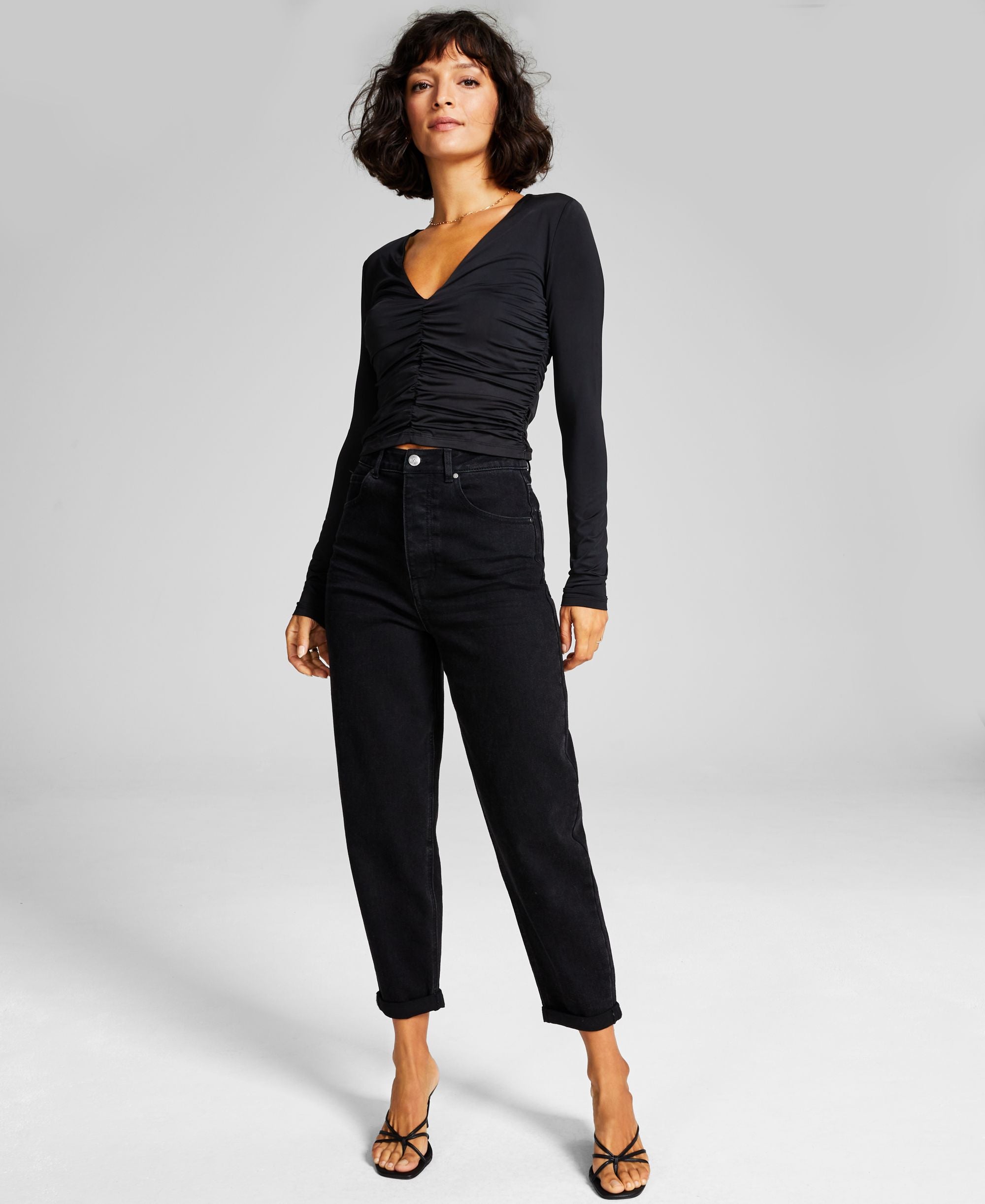 Women's Ruched Long-Sleeve V-Neck Knit Premium Top