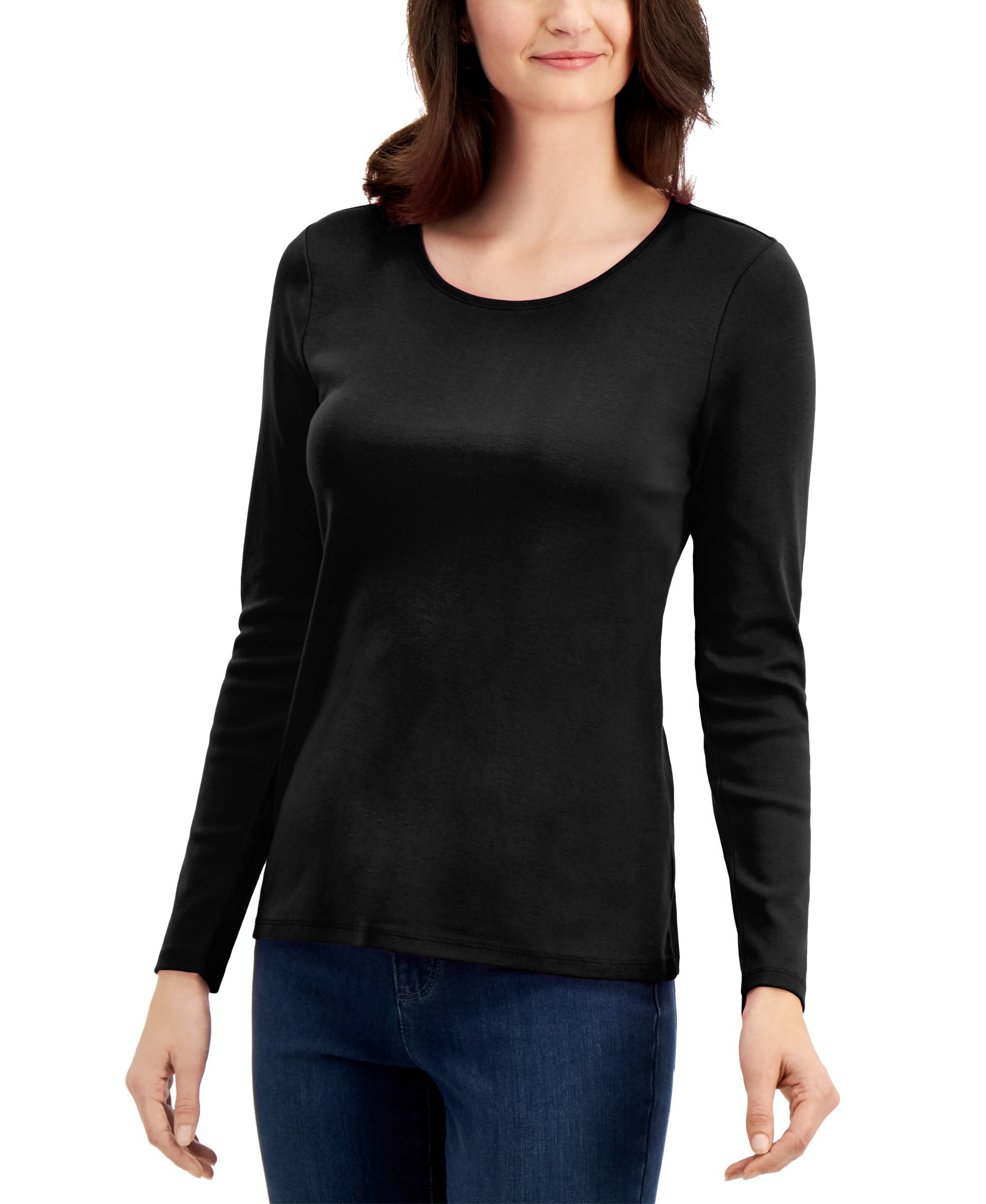 Charter Club Petite Solid Long-Sleeve Crewneck Premium Top