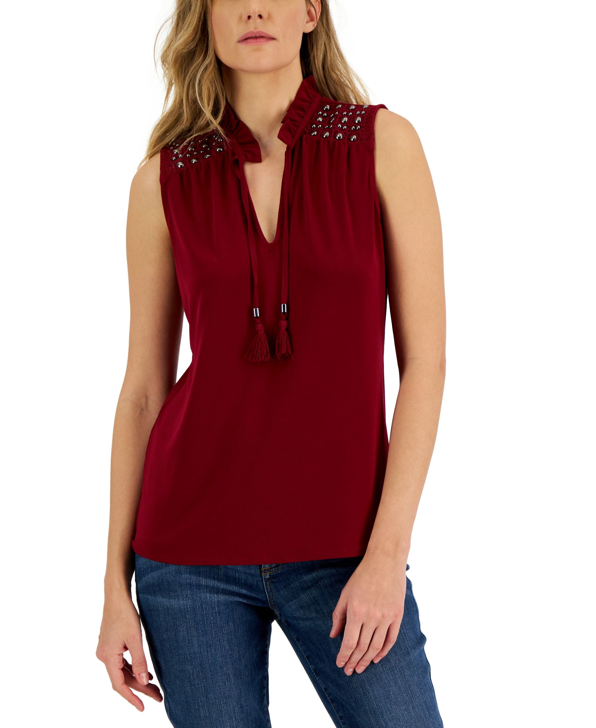 International Concepts Womens Sleeveless Crochet Split Neck Premium Top