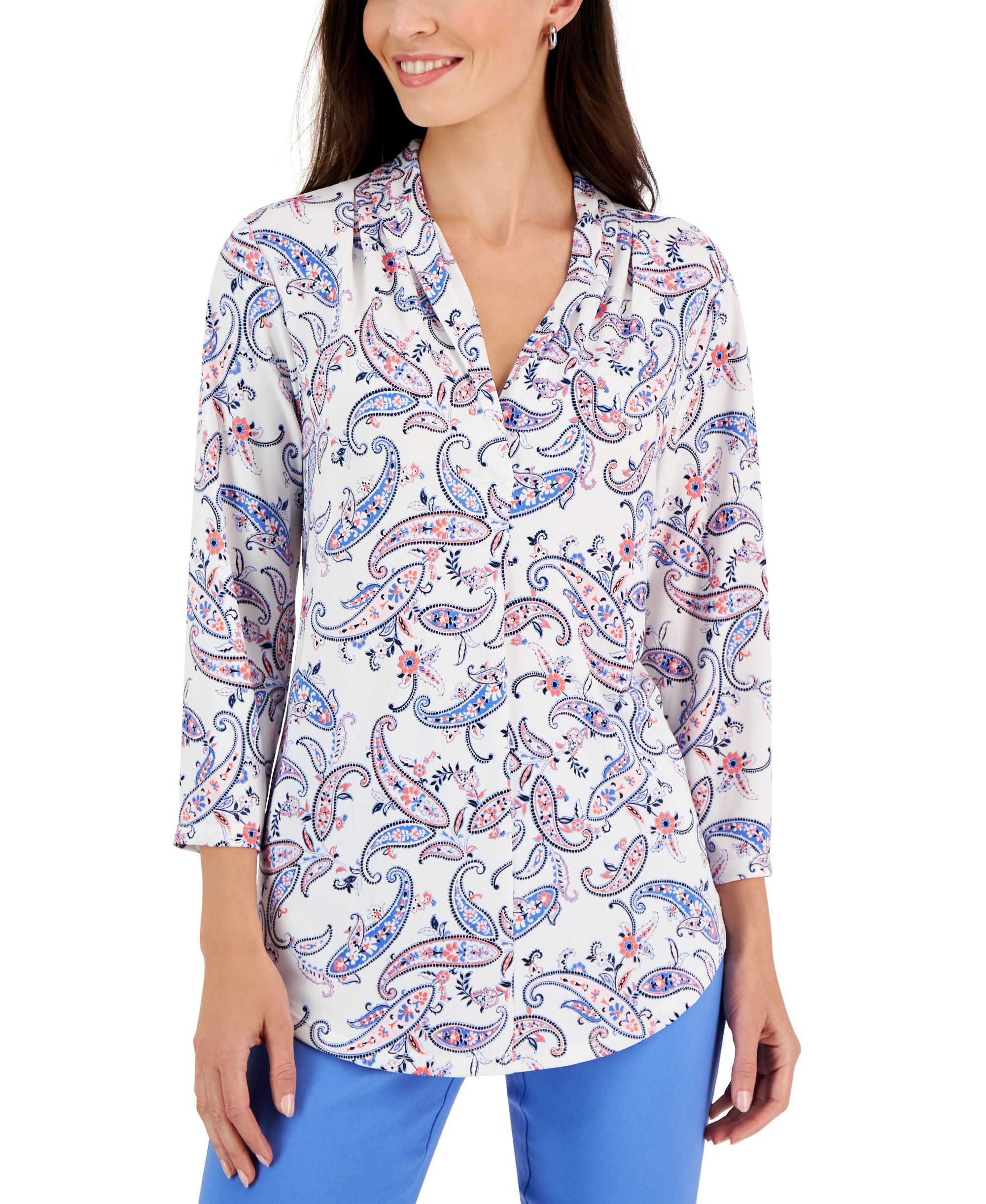 Charter Club Petite Ruched Paisley Print 3/4 Sleeve Premium Top