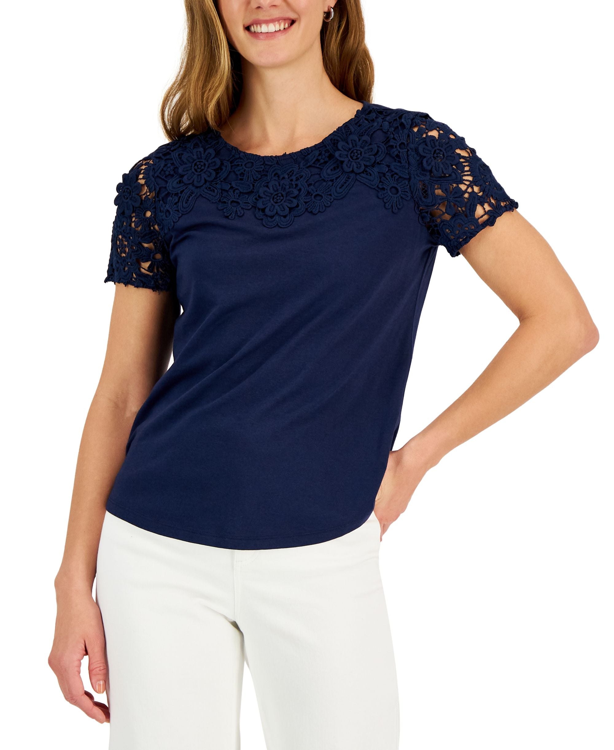 Charter Club Petite Lace Yoke Short-Sleeve Premium Top