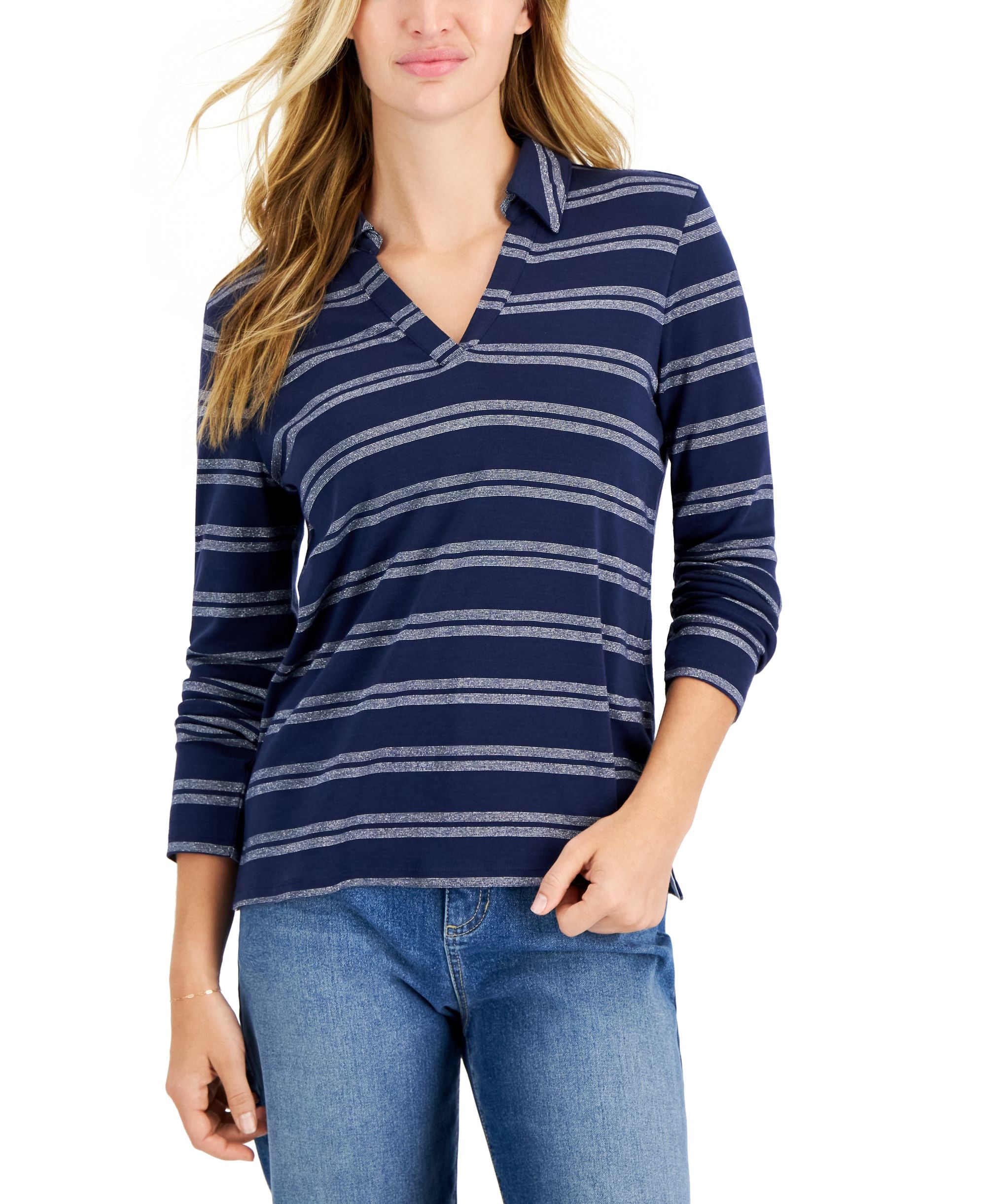 Charter Club Petite Long-Sleeve Merry Stripe Johnny Collar Pullover