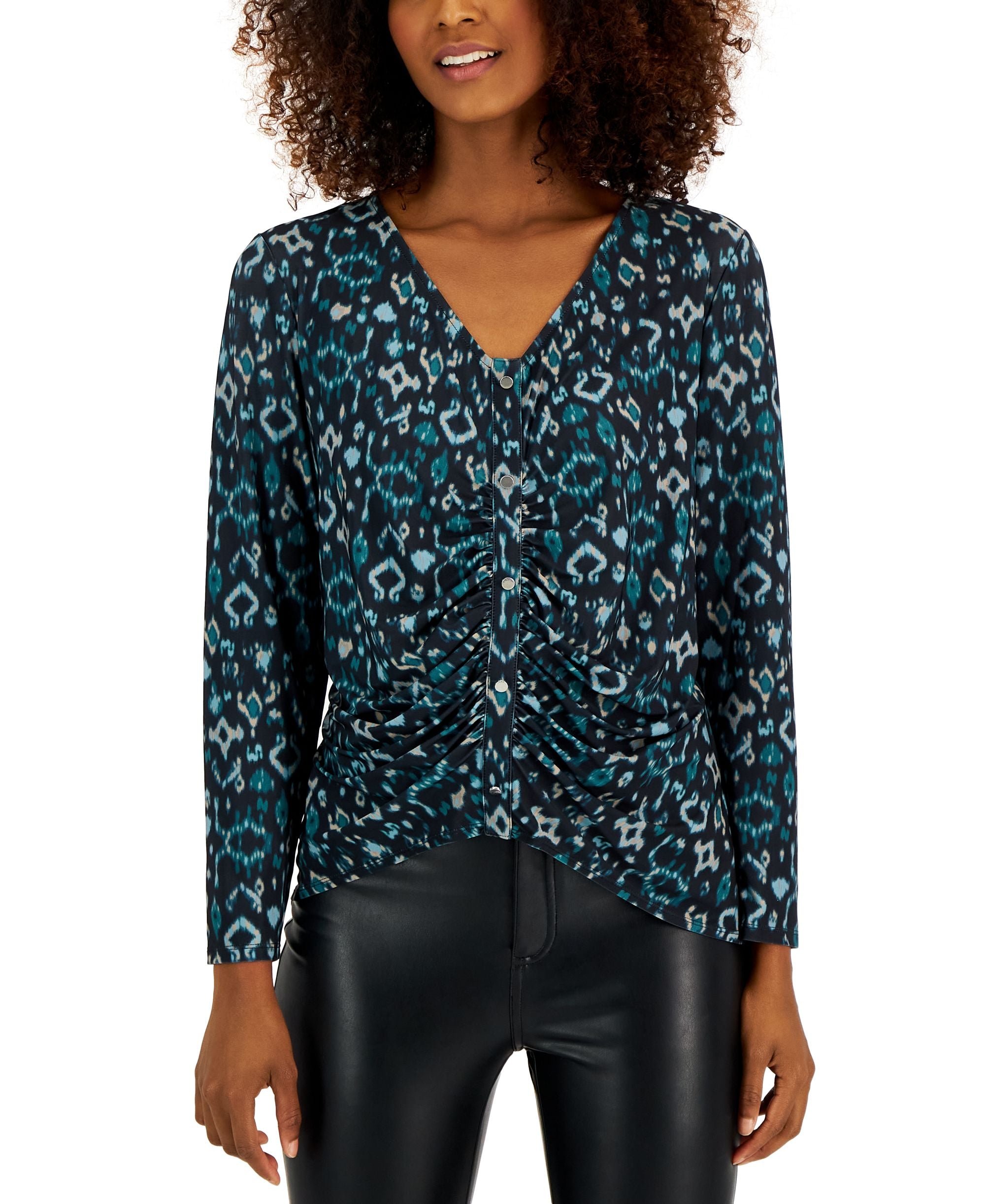 INC International Concepts Petite Printed V Neck Ruched Placket Premium Top