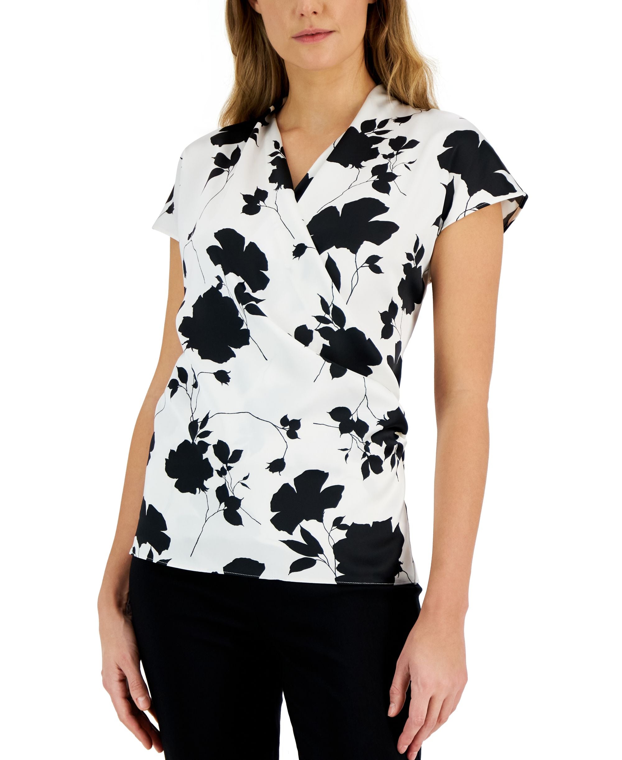 Women's Printed Satin Short-Sleeve Surplice Premium Top