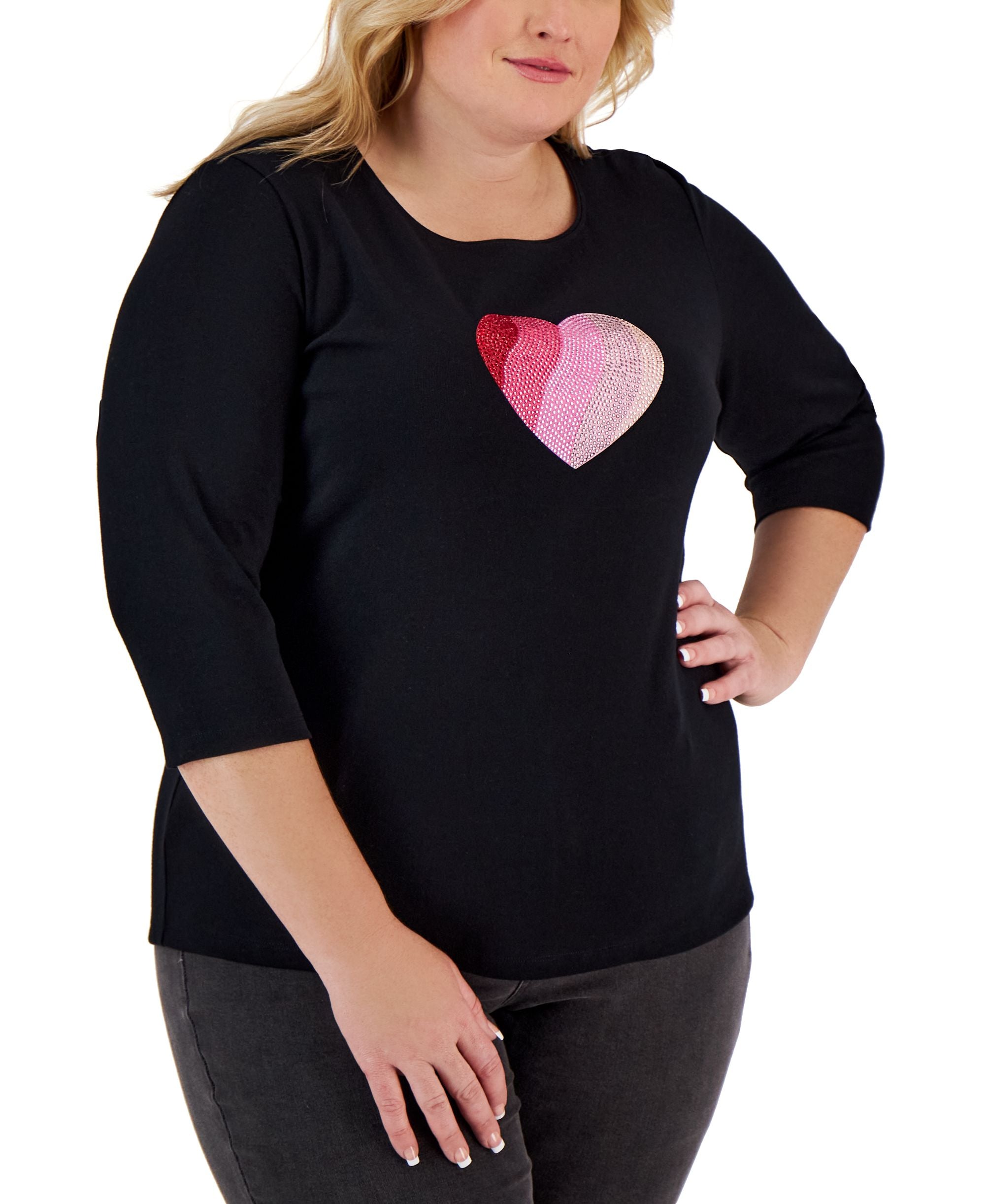 Karen Scott Plus Size Rhinestone Heart Premium Top