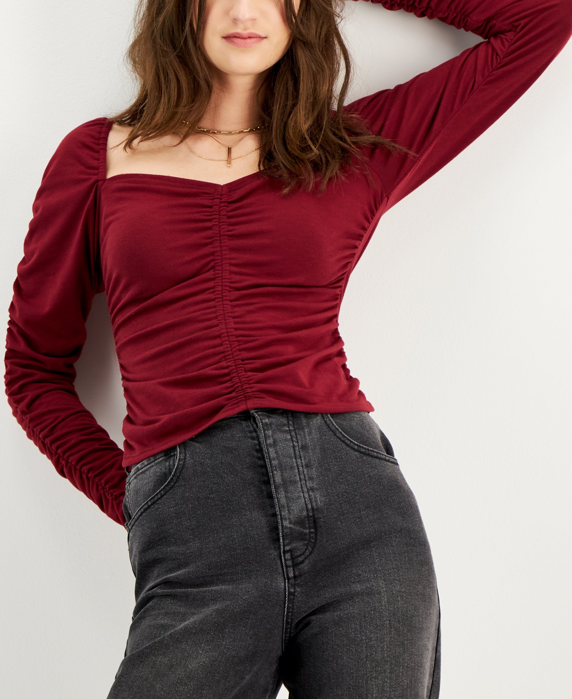 Juniors' Ruched Sweetheart-Neck Premium Top