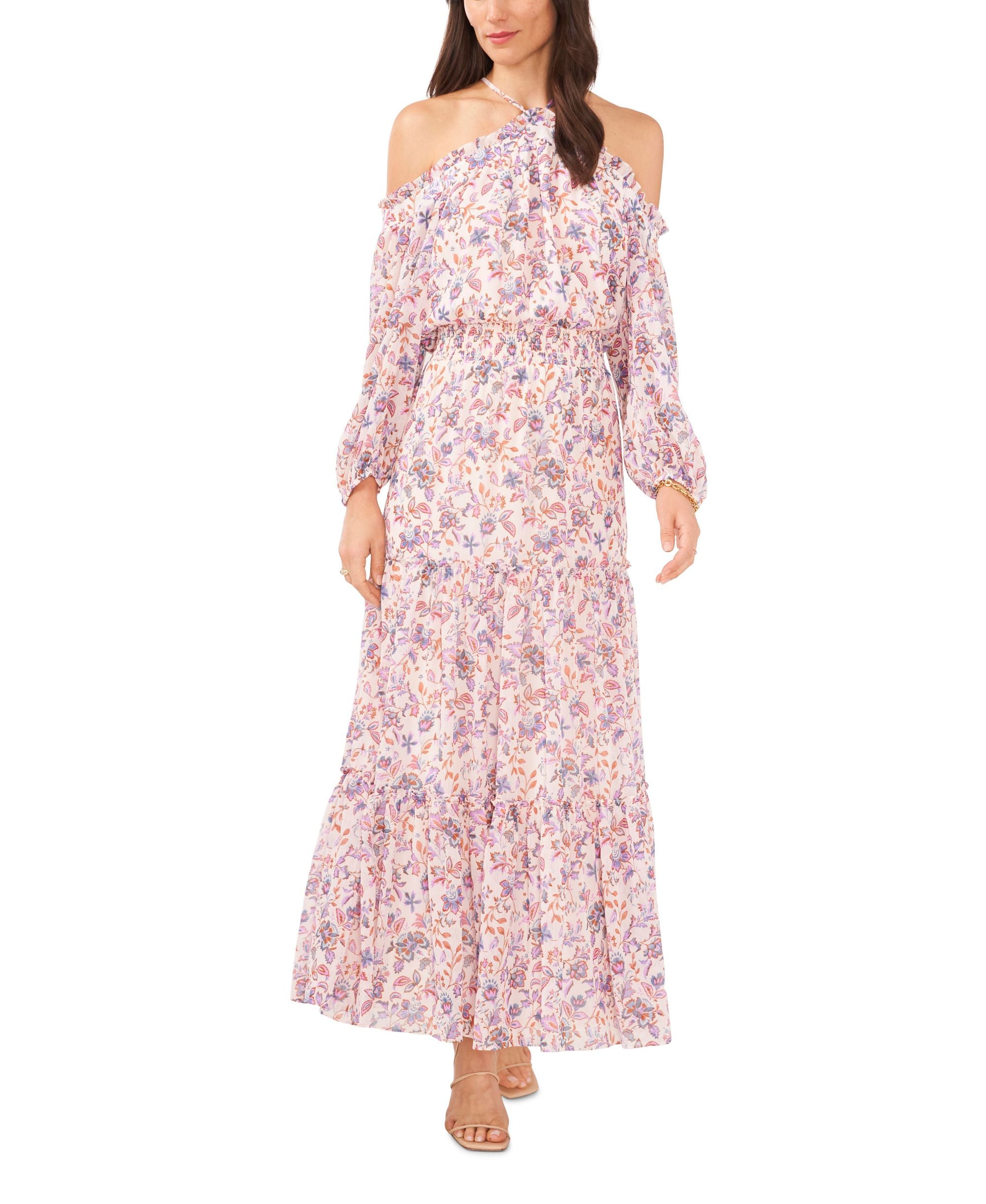 Women's Smocked Waist Long-Sleeve Halter Maxi Dress