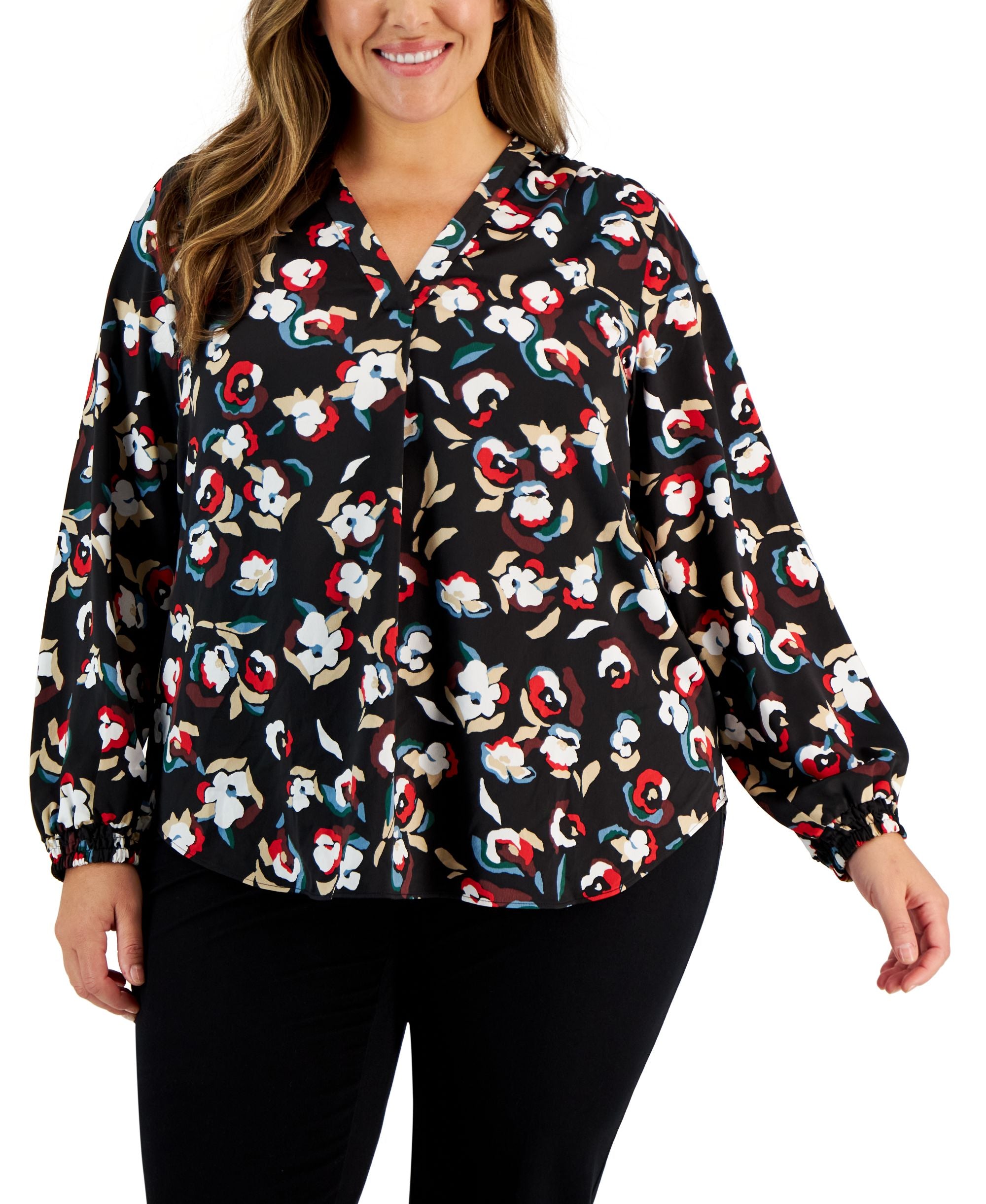Alfani Plus Size Printed V Neck Long-Sleeve Premium Top