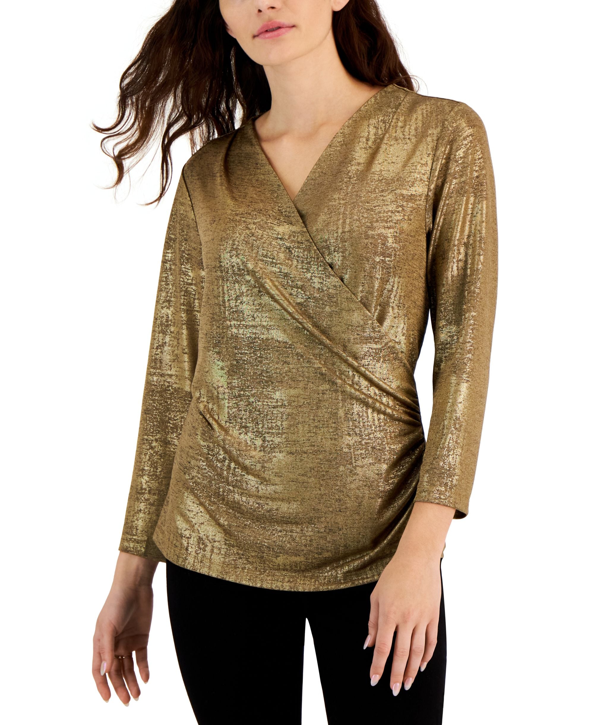 JPR Studio Womens Metallic Surplice Faux Surplice Top