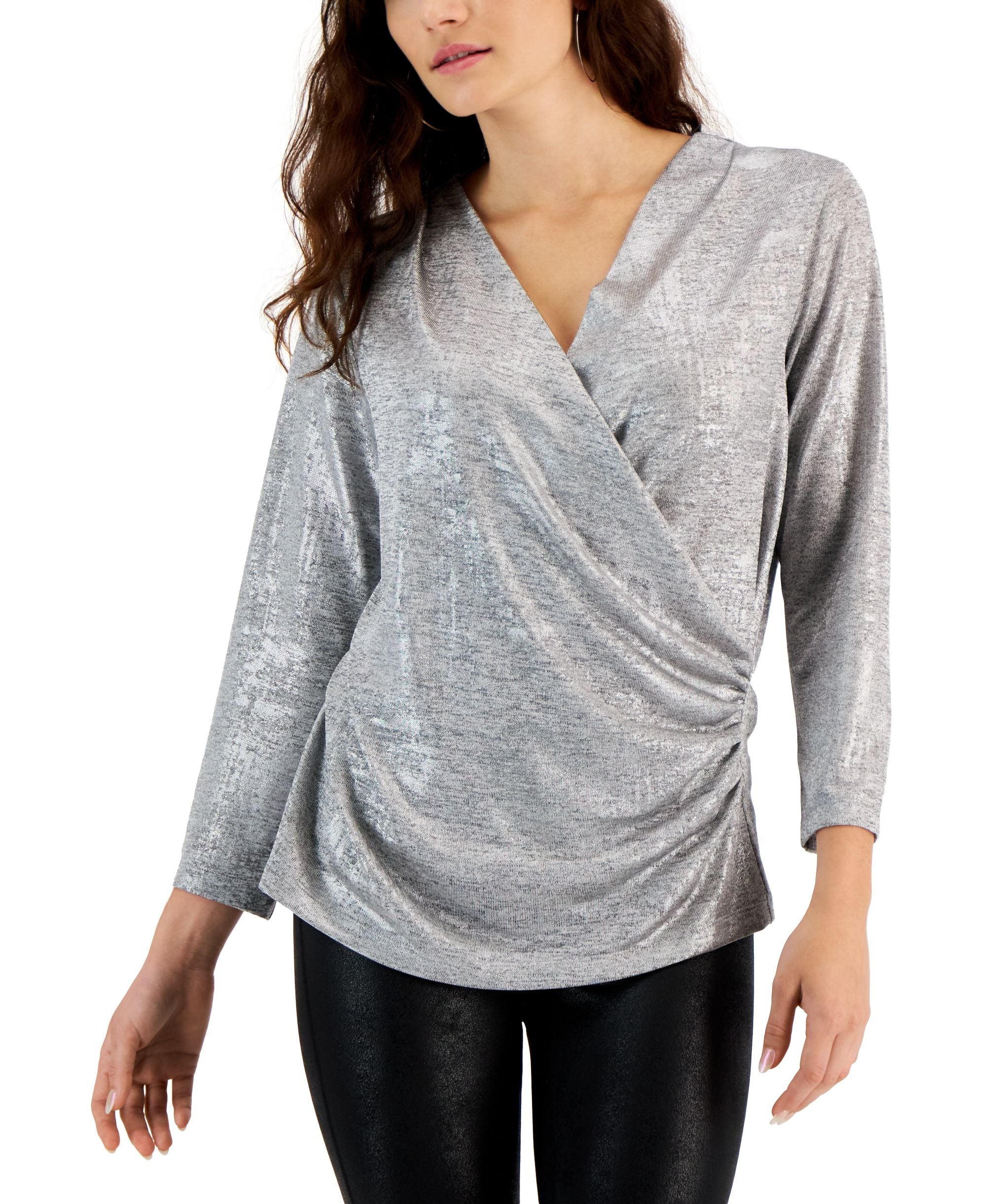 JPR Studio Womens Metallic Surplice Faux Surplice Top