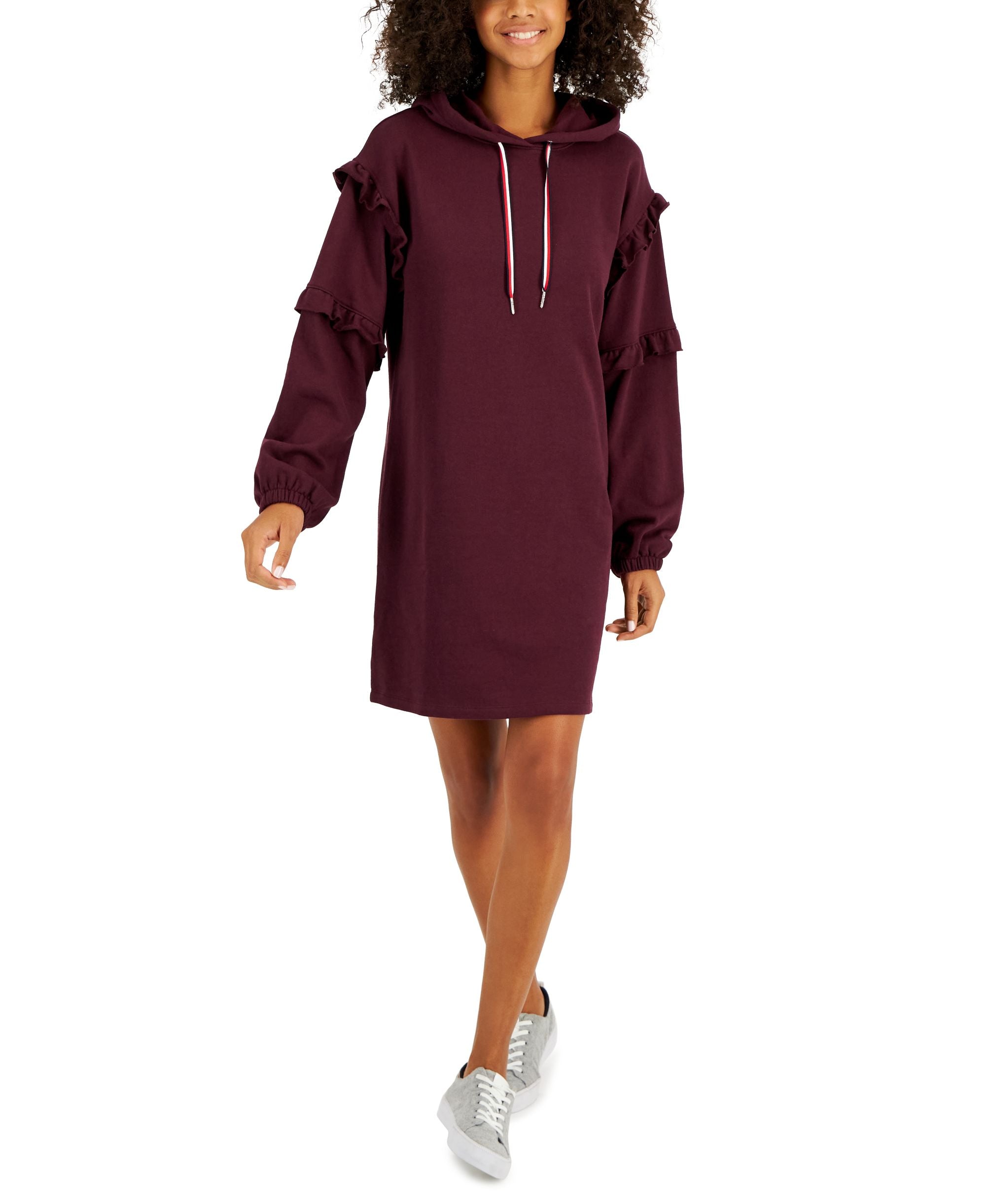 Tommy Hilfiger Womens Ruffle-Sleeve Sweatshirt Dress