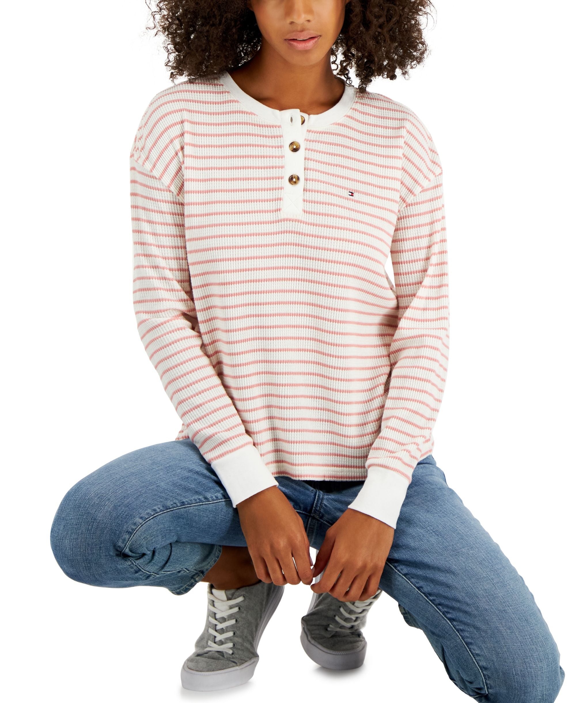 Tommy Hilfiger Womens Long-Sleeve Striped Boxy Henley Premium Top